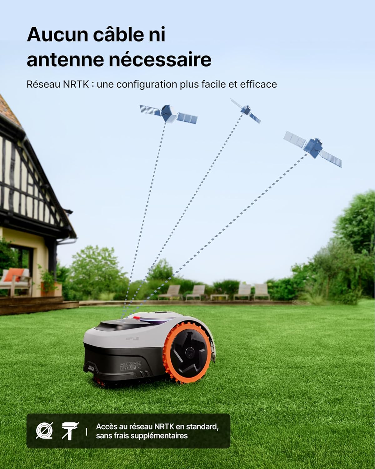 Navimow i205 AWD robot mower and charging station in a garden, with satellites indicating wireless operation.