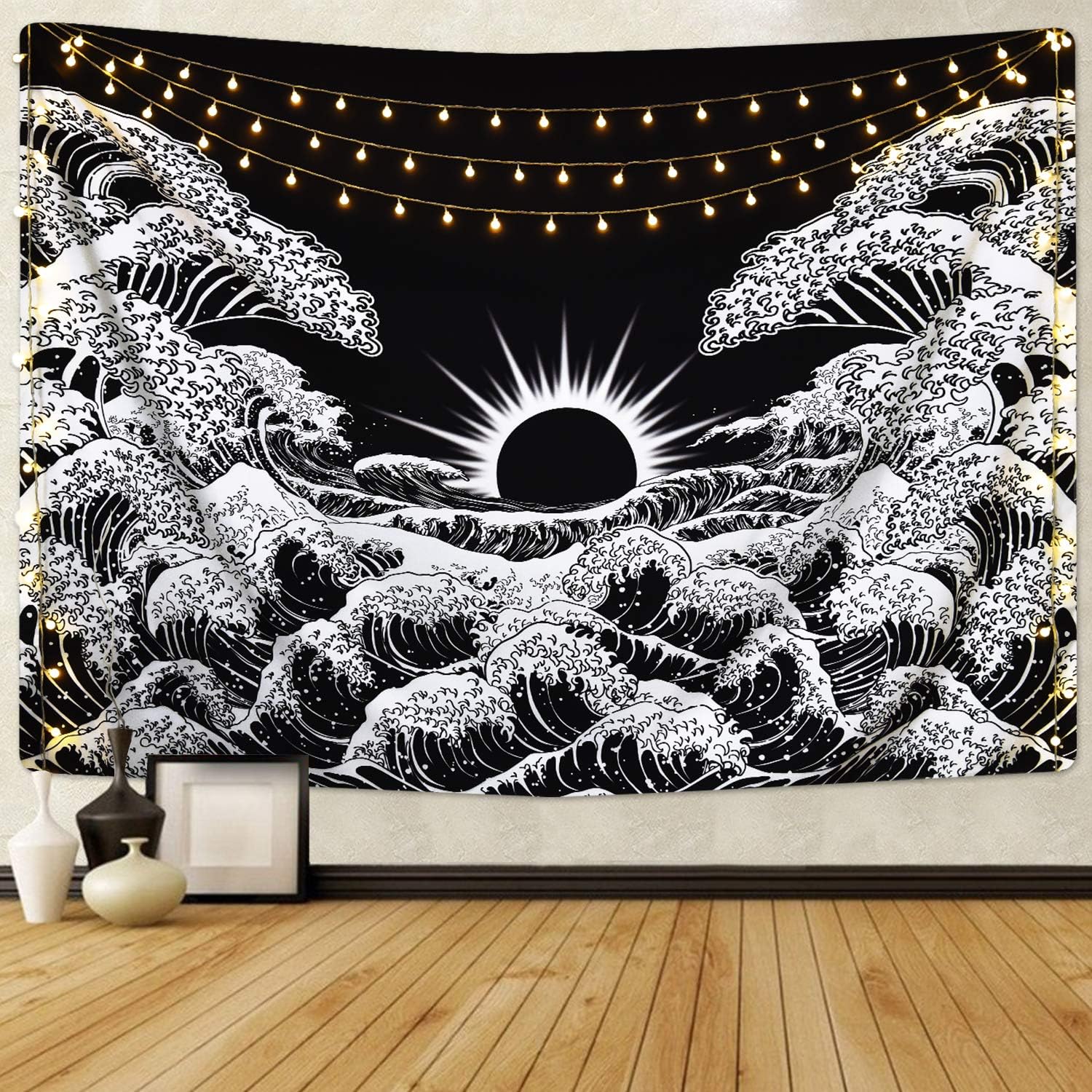 Lyacmy Great Wave Tapestry Sunset Tapestry Ocean Wave Tapestry Black and White Tapestry Wall Hanging for Room(70.9 x 92.5 inches)