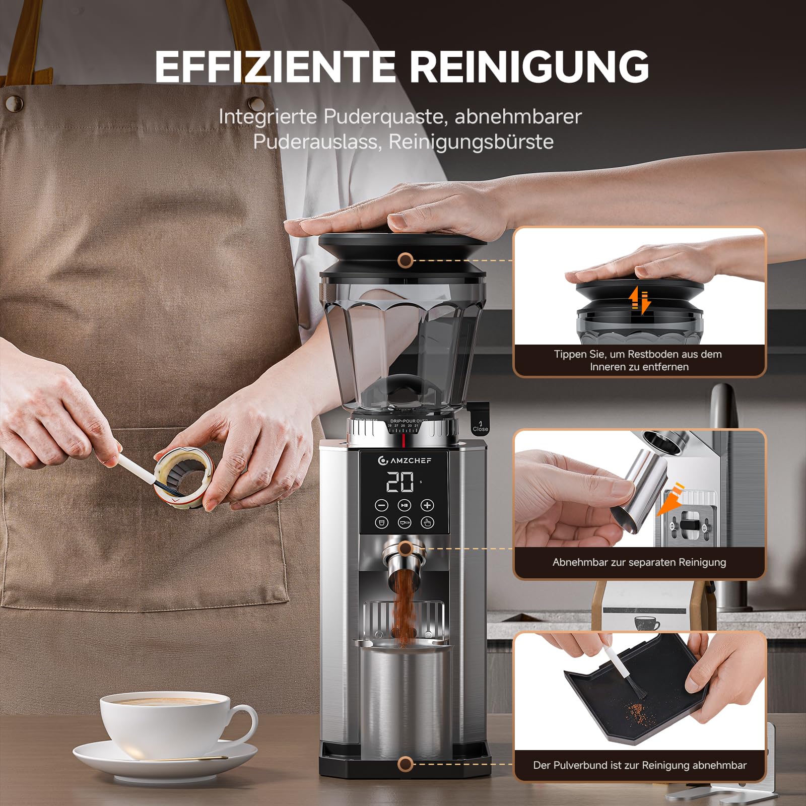 AMZCHEF Kaffeemühle mit 45 Mahlgraden, Edelstahl, Plasma Anti-Statik System, Speicherfunktion, LED-Touchdisplay, 300g Bohnenbehälter, Kaffeemühle für Siebträger, Espresso, Filterkaffee & French Press