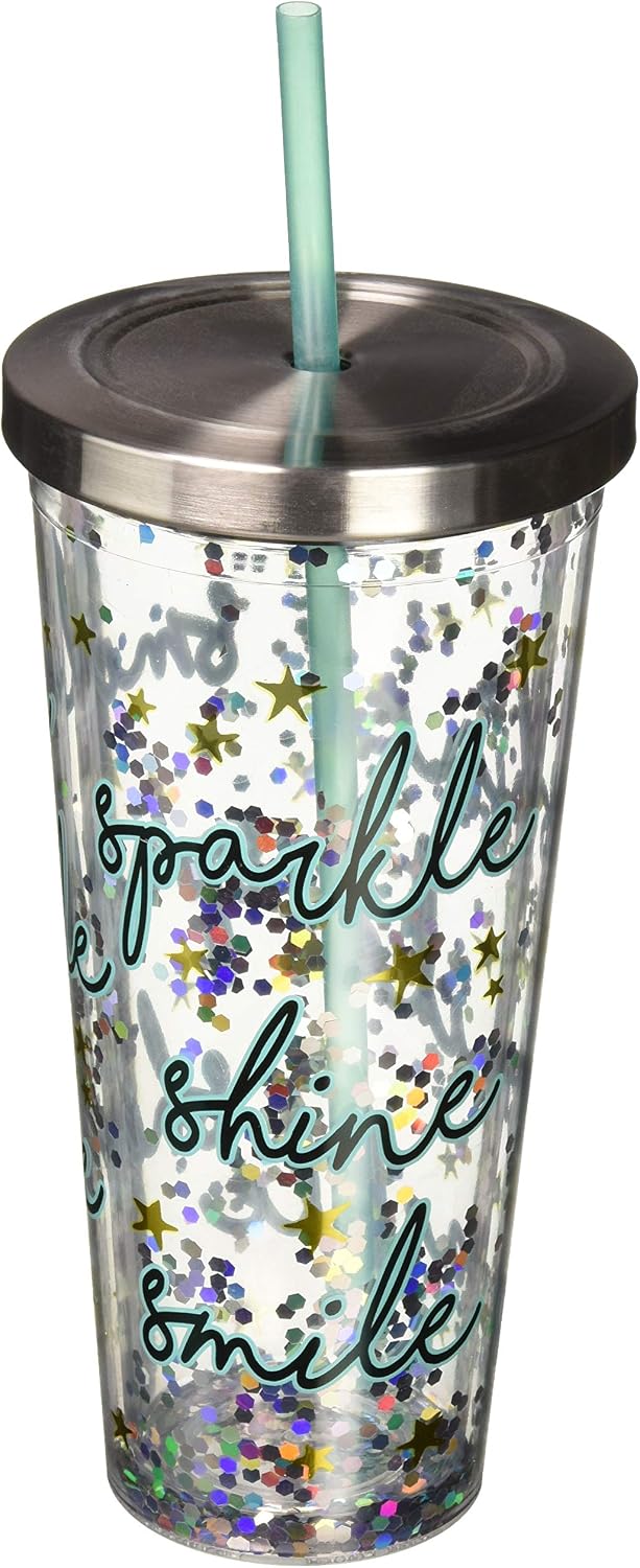 Spoontiques - Glitter Filled Acrylic Tumbler - Glitter Cup with Straw - 20 oz - Stainless Steel Locking Lid with Straw - Double Wall Insulated - BPA Free - Shine Smile Sparkle