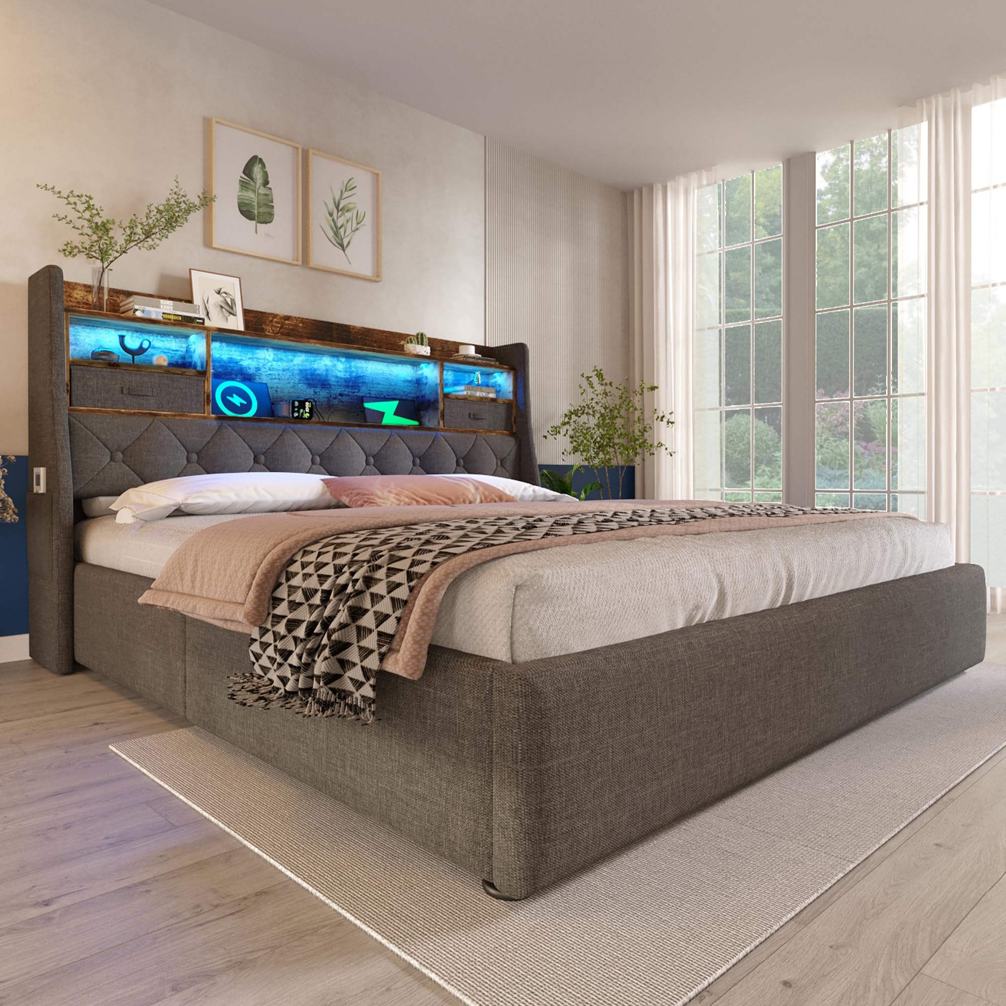 Merax Polsterbett 180x200cm mit LED und Ladestation, Modern Doppelbett mit Hydraulischem Stauraum & Stauraum-Kopfteil, Bettgestell mit stabiles Holz Lattenrost, Jugendbett, Leinen, ohne Matratze, Grau