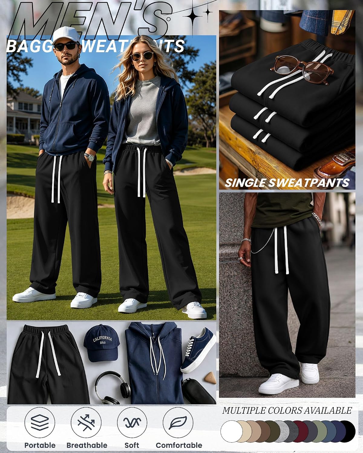 Men's Baggy Sweatpants Athletic Loose Wide Leg Elastic Waist Lounge Relaxed Open Bottom Joggers Pants with Pockets