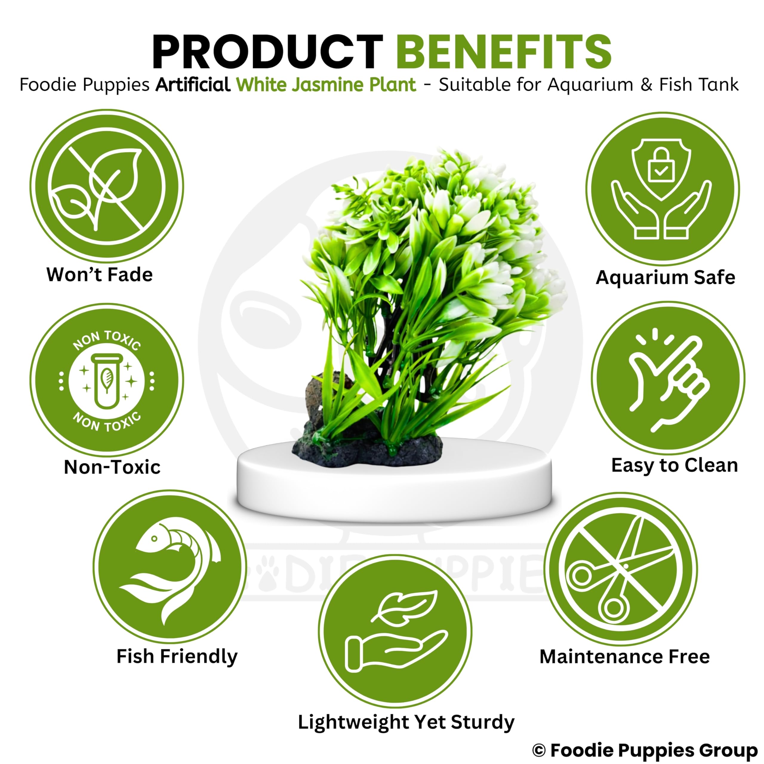 Foodie Puppies Aquarium Plastic Plant with Resin Base Decor - (White Jasmine Plant, 6.5 x 4 x 13 cm) for Fish Tank Ornament Accessories, Freshwater & Saltwater Natural Looking Artificial Plant 3