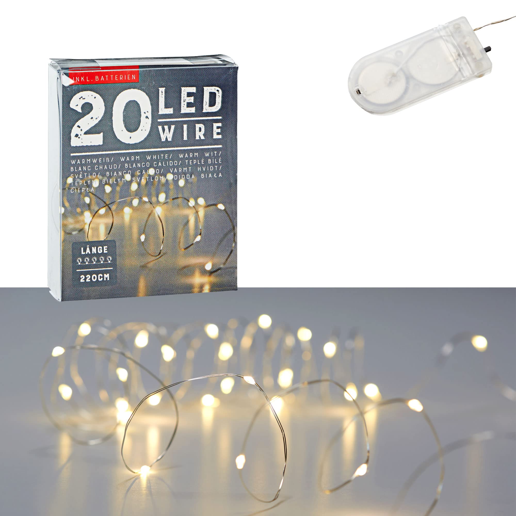 Cepewa Mikro Draht Lichterkette 20 LEDs warmweiß silber 220cm Batterie Deko Beleuchtung Weihnachten Timer (1 x 20 LED Mikro-Draht Lichterkette 220cm Knopfzelle)