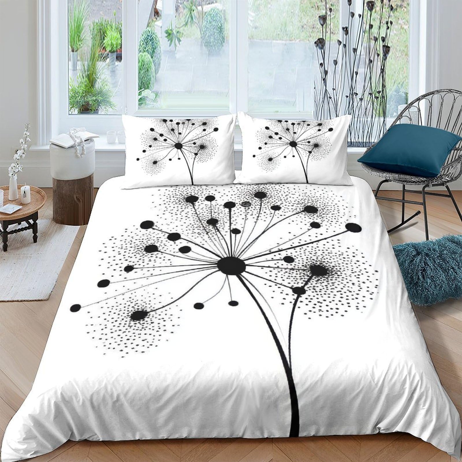 Ctjqhvkz Style-9 3D Printed Dandelion Pattern Fitted Sheet Microfiber Soft Breathable Black White Abstract Mattress Cover Decor Single（135X200cm）