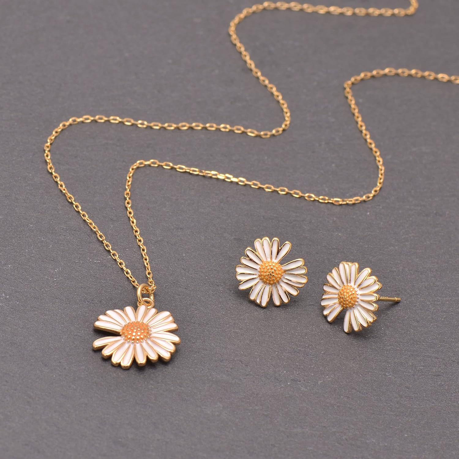 925 Sterling Silver Yellow Daisy Flower Jewelry Set Earrings & Pendant Necklace - Image 3