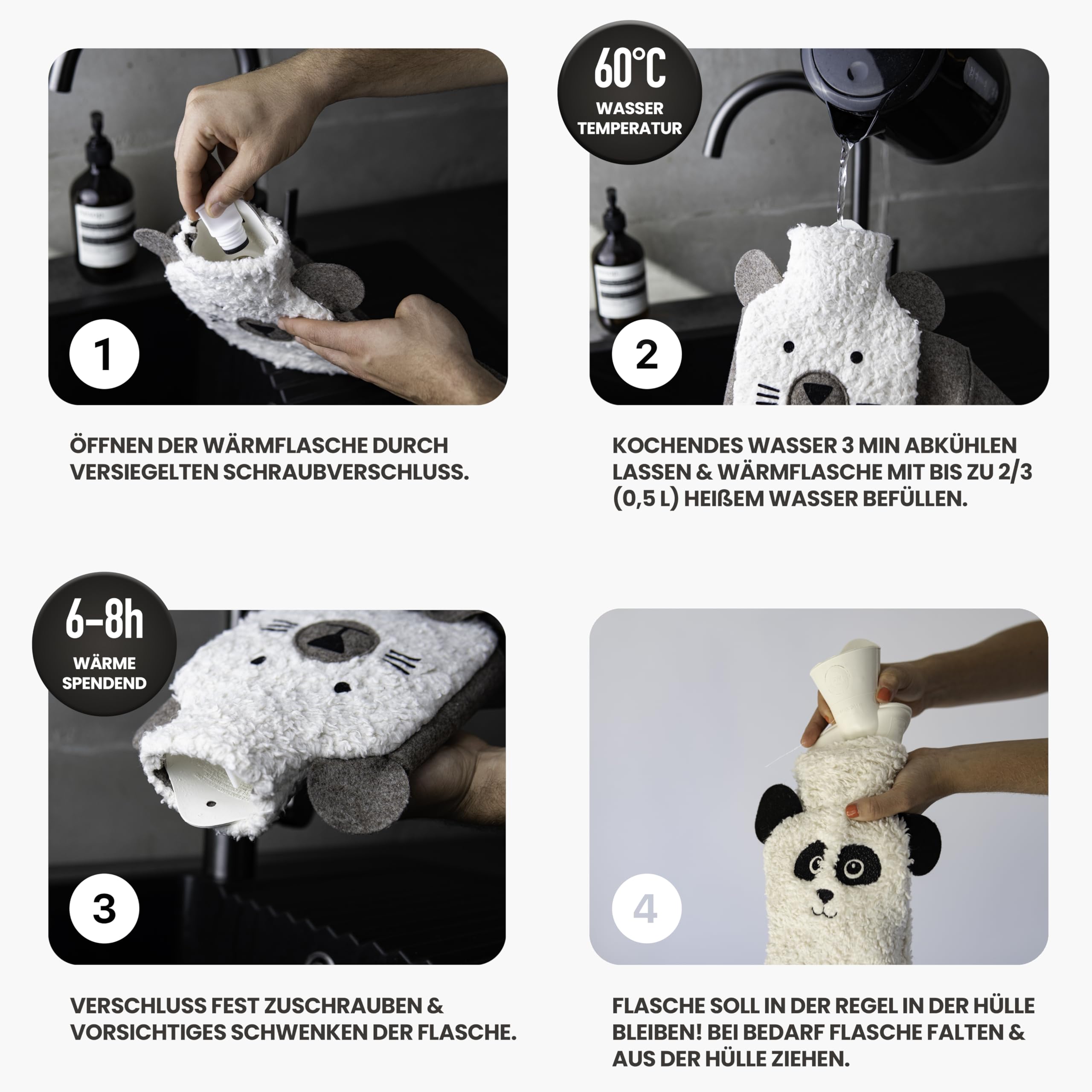 Kuschel - Borsa dell'acqua calda animale [0,8 l] in cotone biologico extra morbido e feltro riciclato, prodotta in Germania, borsa dell'acqua calda animale, divertente borsa dell'acqua calda per