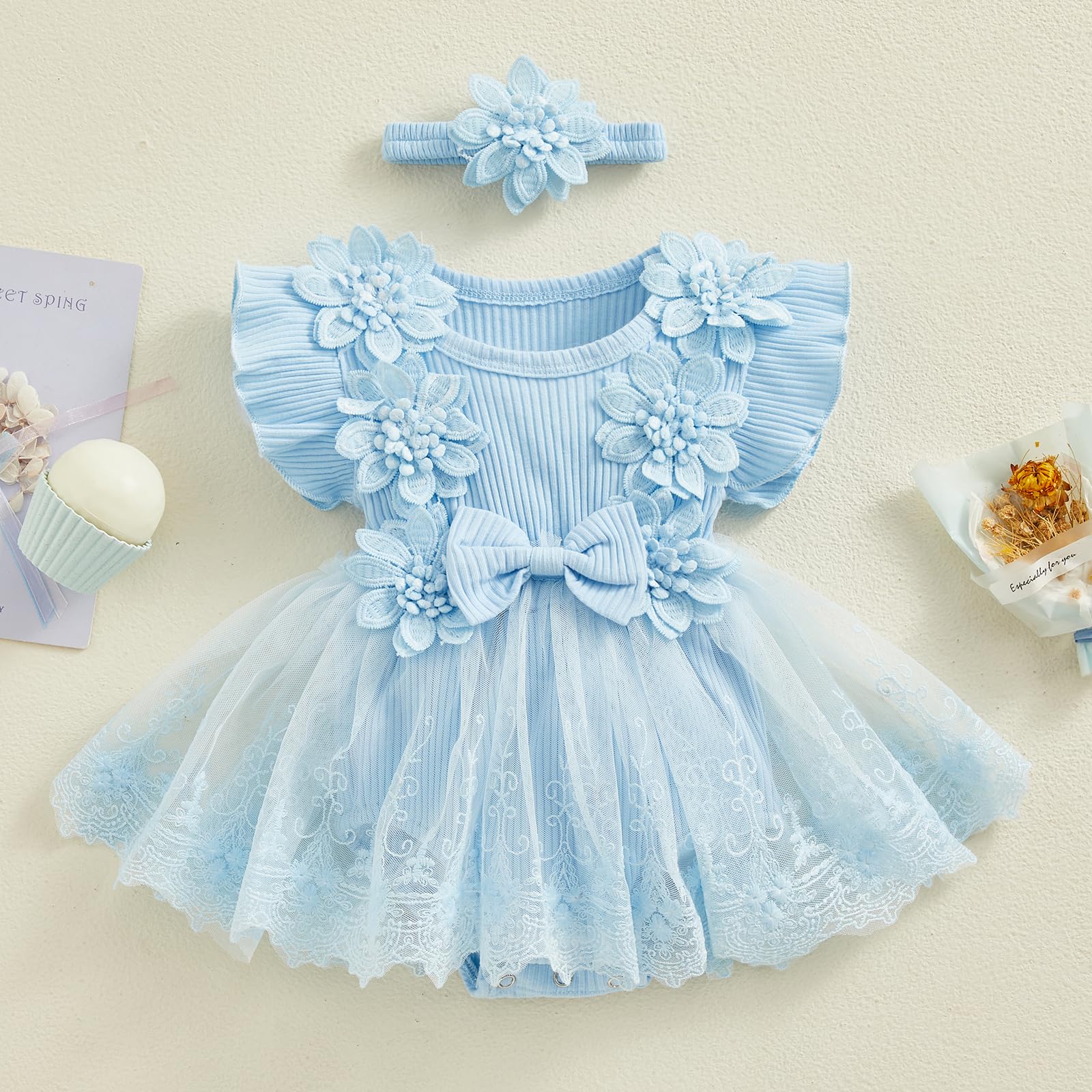 Covvoliy Newborn Baby Girl Romper Dress Lace Mesh Dress Jumpsuit Bodysuit with Headband Infant Girl Summer Clothes(Lace & Blue 1,0-3 Months)