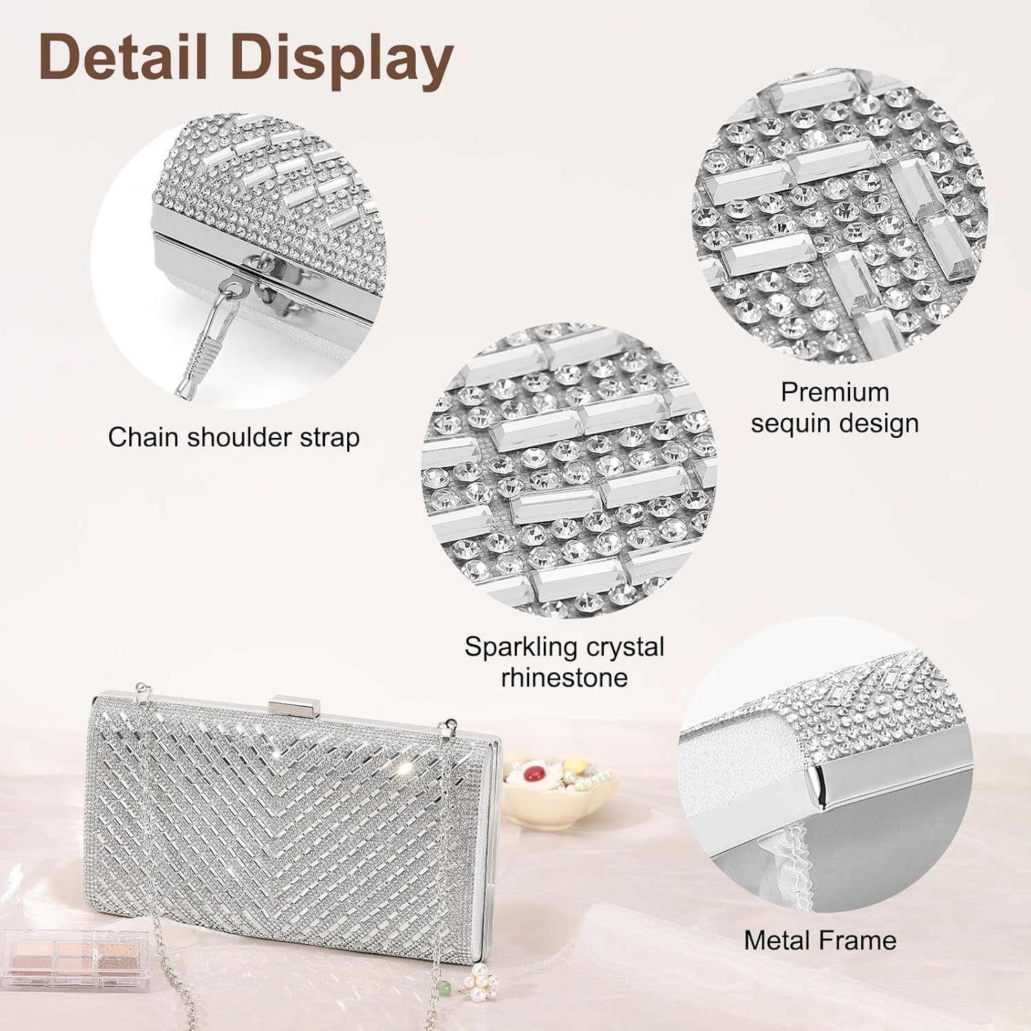 DTGN Evening Bags Clutch Purses for Women Formal, Crossbody Handbags Rhinestone Sequins Metal Clasp Purse Sparkly for Wedding Guest Party Silver