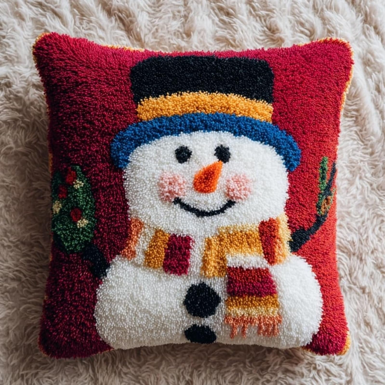 AxiangziK Latch Hook Pillow Kits with Yarn,Christmas Snowman Complete DIY Cushion Making Craft Kits,43x43cm Latch Hook Adult Craft Kits for Women