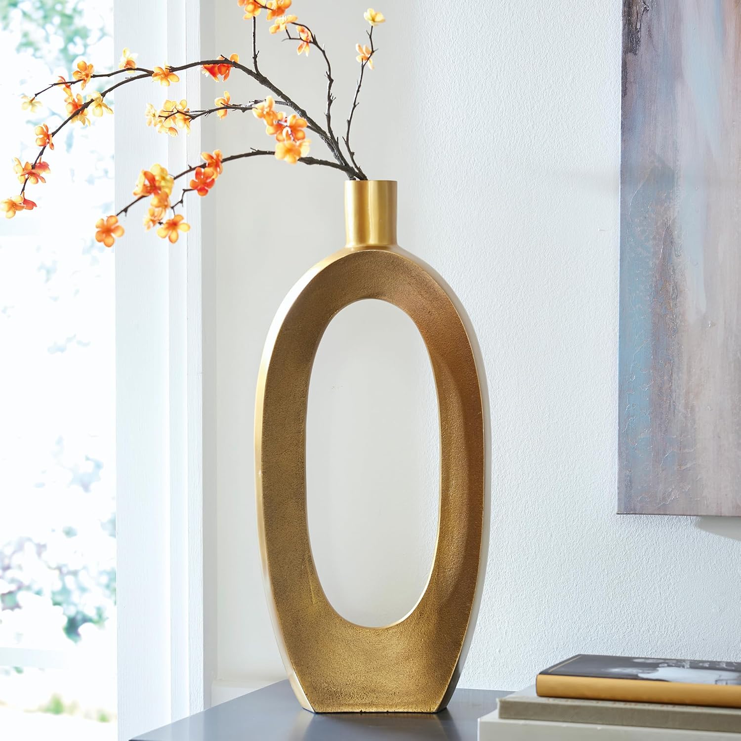 Signature Design by Ashley 22" Large Gold Geometric Flower Vase | Premium cast aluminum metal, Space saving 3-inch depth for narrow shelves and console tables, Lawtonville Series