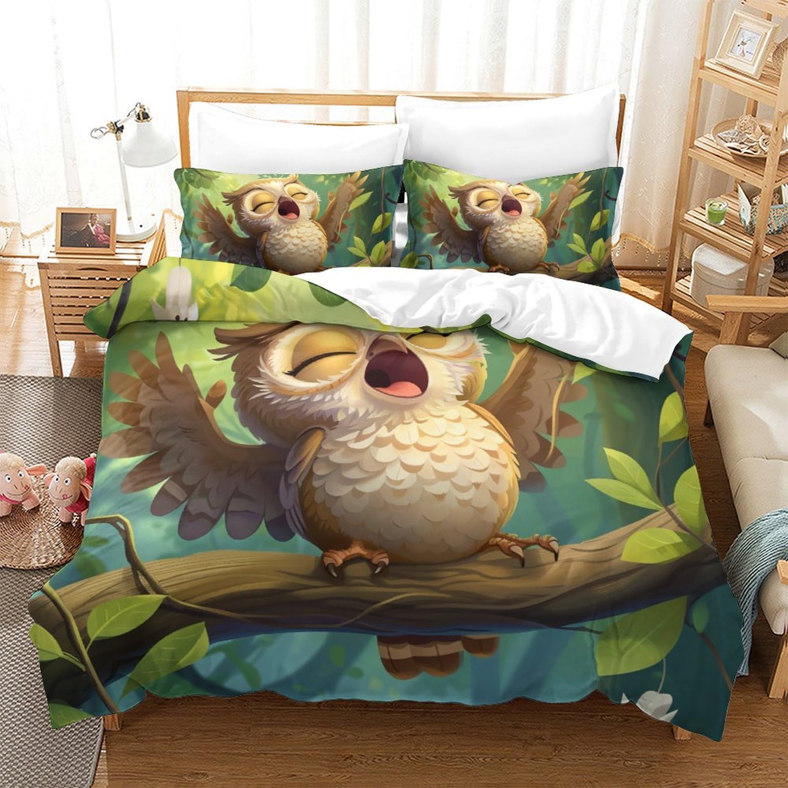 Housse de couette la chouette 220x240cm imprimée 3D avec sa taie d'oreiller pour literie enfant