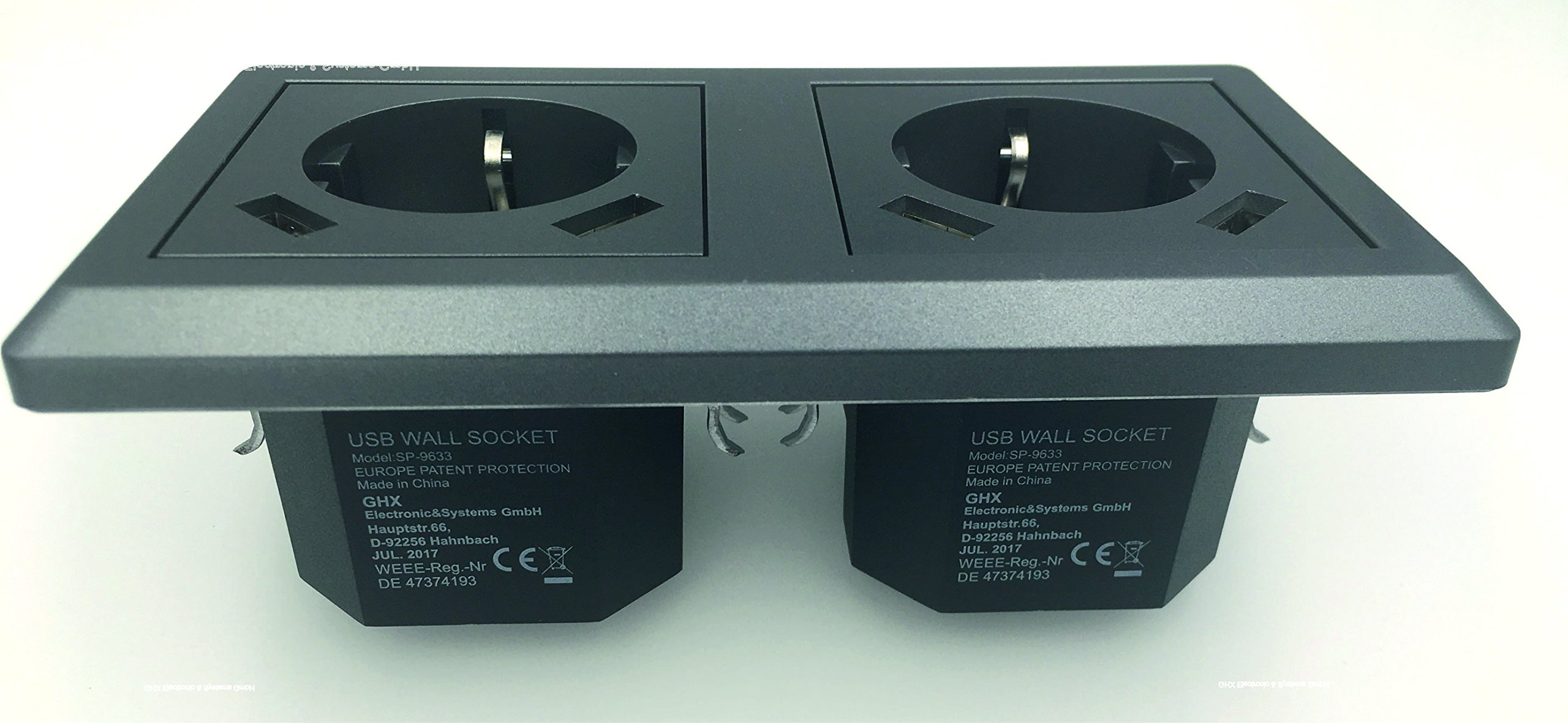 Schuko podwójne gniazdo wtykowe z 2 gniazdami USB (maks. 2800 mA) podobne grafitowe szare, elegancki styl, pasuje do 2-krotnej puszki podtynkowej
