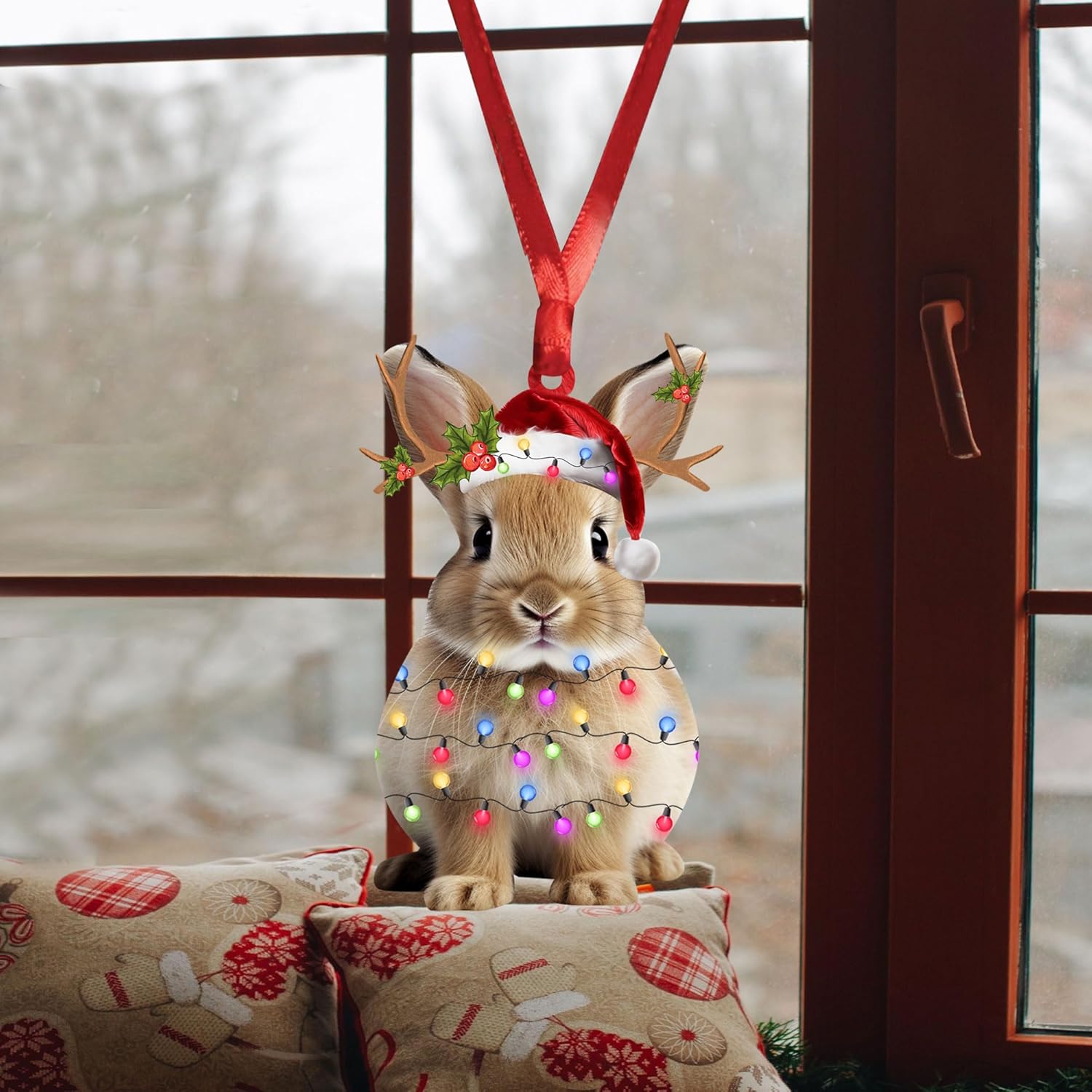 Talataca Rabbit 2D Flat Christmas Ornament, Bunny Wearing Christmas Hat Reindeer with String Lights Pine Tree Decor, Hanging House Charm Eve Keepsake, Car Rear View Mirror Accessories, Xmas Gift - Image 4