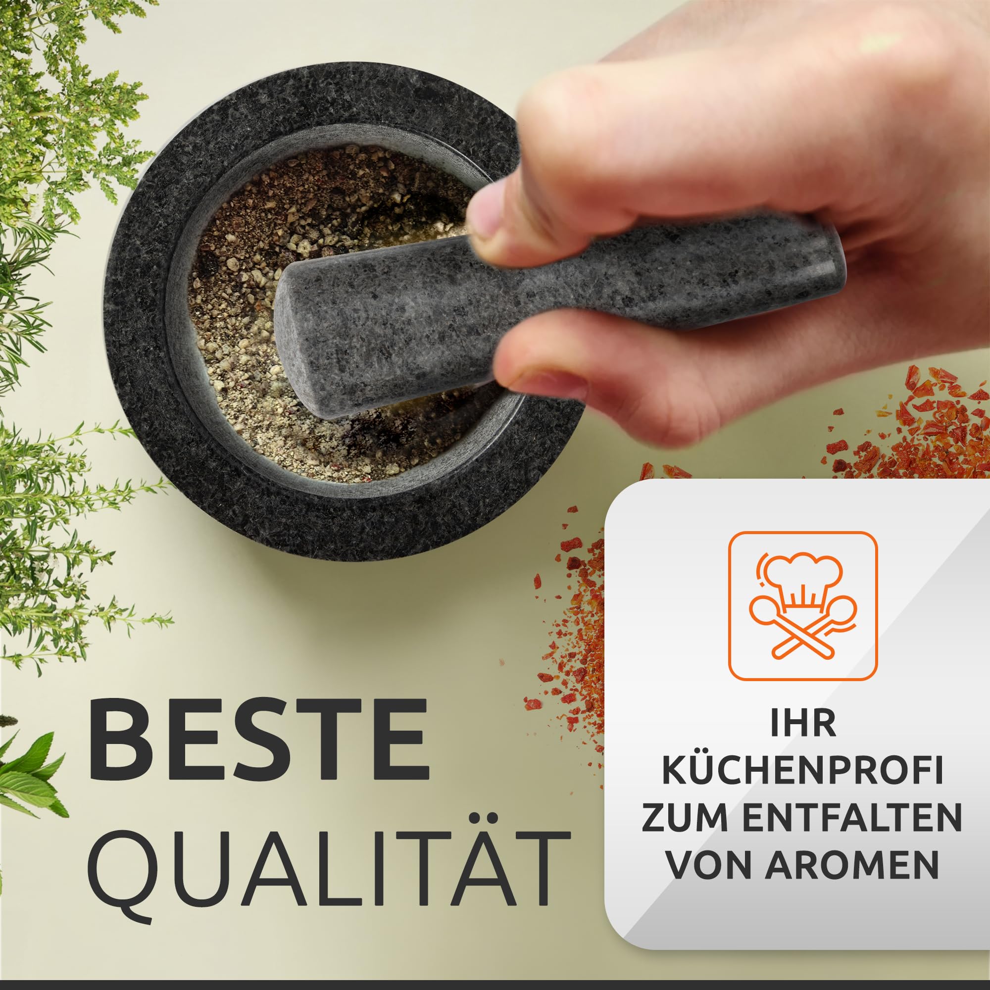 ECENCE Mörser mit Stößel aus Naturgranit und Akazienholz-Sockel Ø15,5cm | Hochwertiger massiver Steinmörser für Kräuter & Gewürze - Mortar and Pestle
