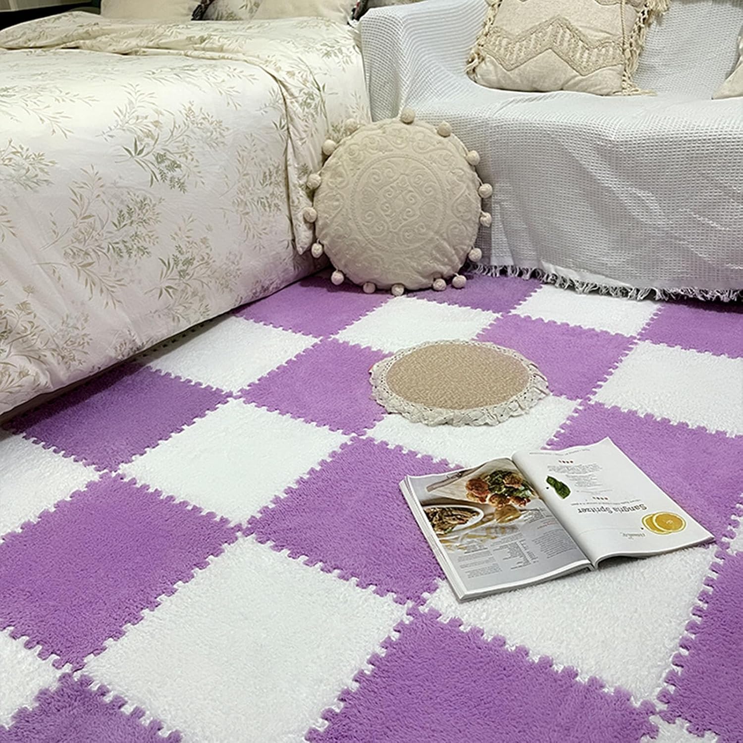 Plush Interlocking Carpet Tiles Foam Puzzle Floor Mat, 36 Pieces, Interlocking Shaggy Carpet Square, Soft Fluffy Floor Tiles, Cuttable Floor Mat(Purple+White)