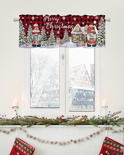 Miniatura 6 de Cenefas de Navidad para ventanas de cocina, diseño de búfalo rojo, árbol de Navidad, cabaña, gnomo, alce, cenefa con bolsillo para barra, cortina de