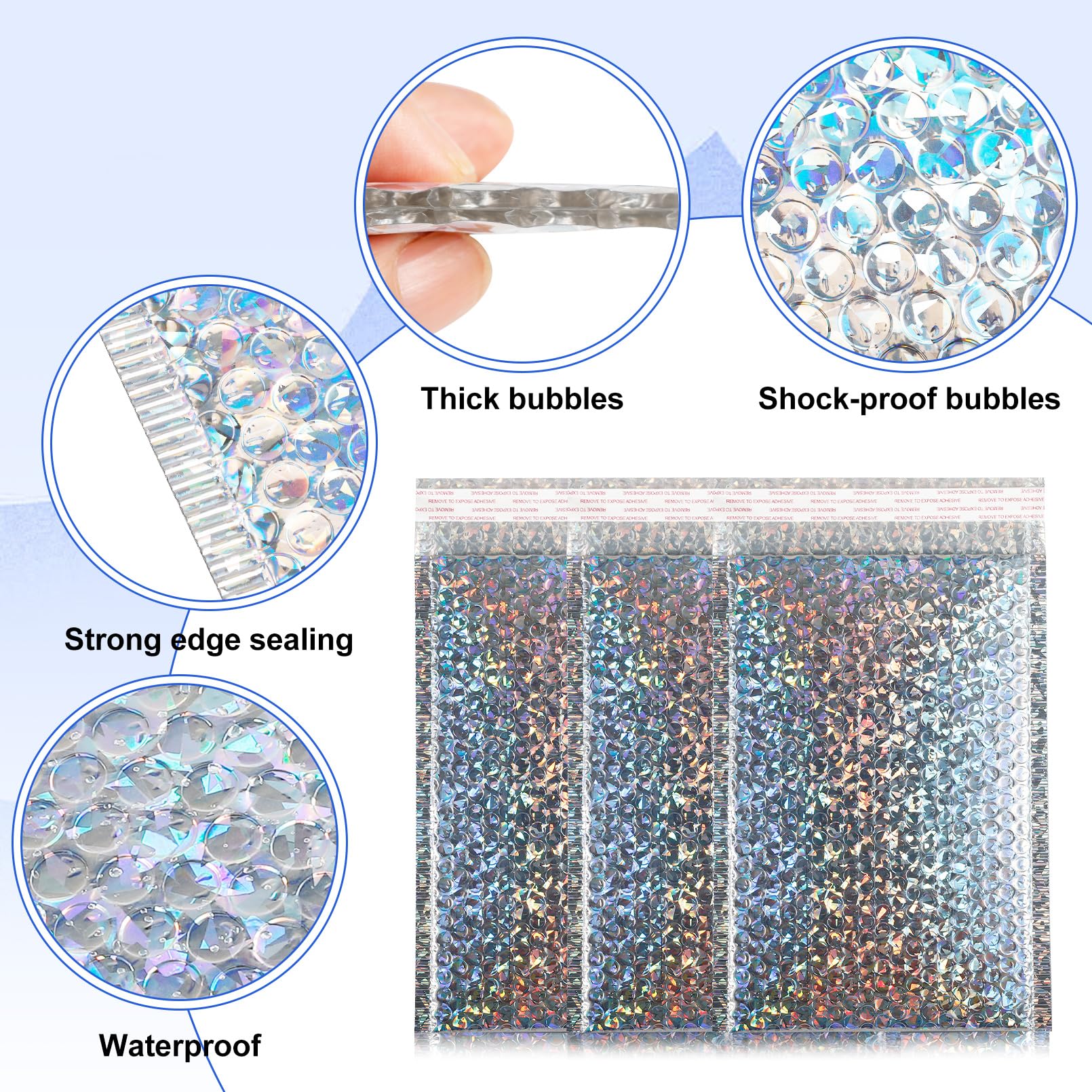 30 sobres holográficos de burbujas, sobres metálicos de burbujas de 11 x 7 pulgadas, sobres acolchados de polietileno, bolsas de envío impermeables, sobres acolchados gruesos autosellantes para