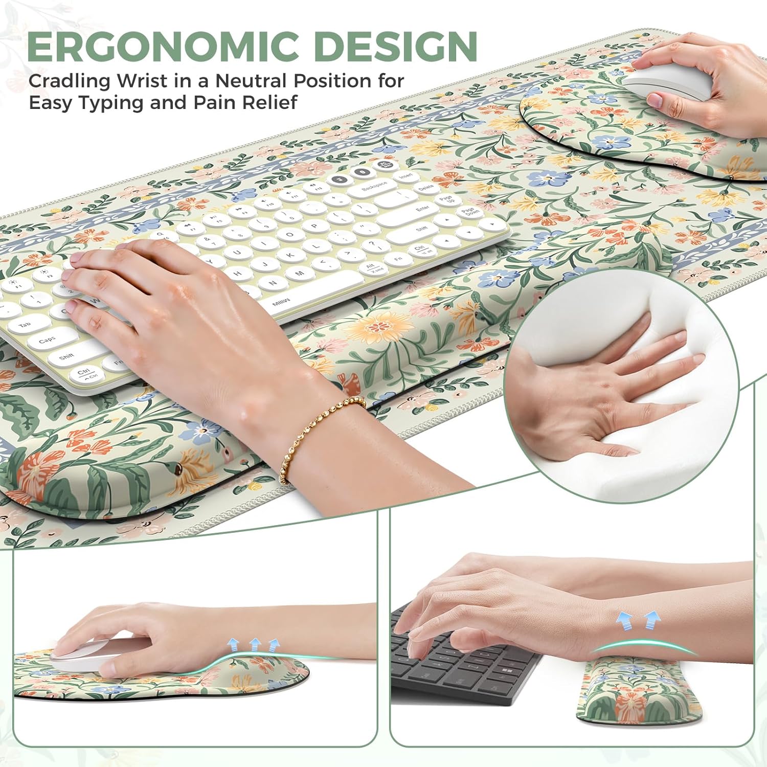 iCasso Green Desk Pad Mat, Large Mouse Pad and Keyboard Wrist Rest Set, Desk Protector Mat,4in1 Ergonomic Carpal Tunnel Keyboard Pad with Wrist Support for Desktop Cover Home Office Computer