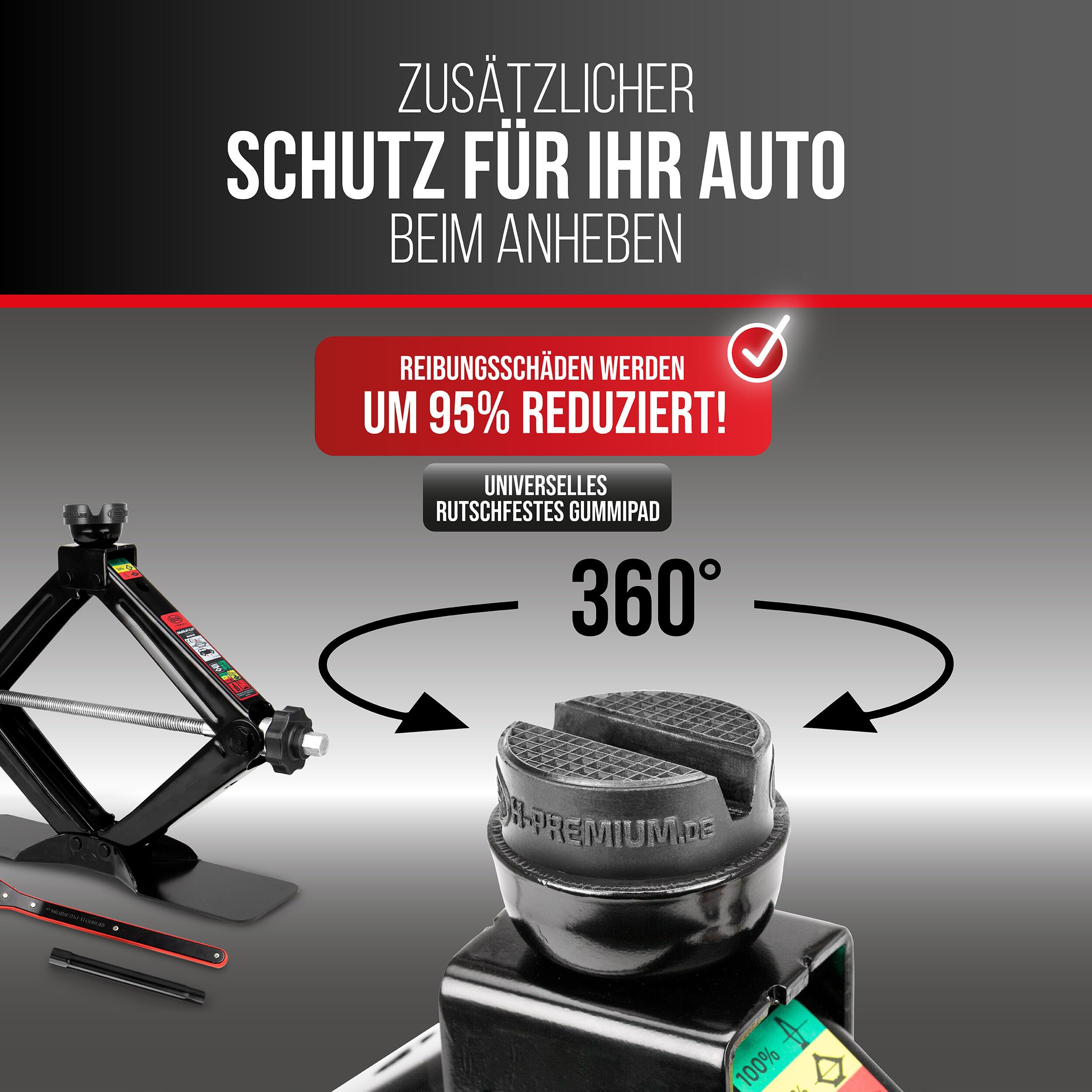 HEYNER® Scherenwagenheber 2 t für VW Transporter T6 (2015, FL 2019) – runder Sattel, 360° Gummiauflage mit Schlitz, Hub 125–470 mm, 17 mm Ratsche & Drehknauf, Standfuß 30×8 cm, bis −50 °C