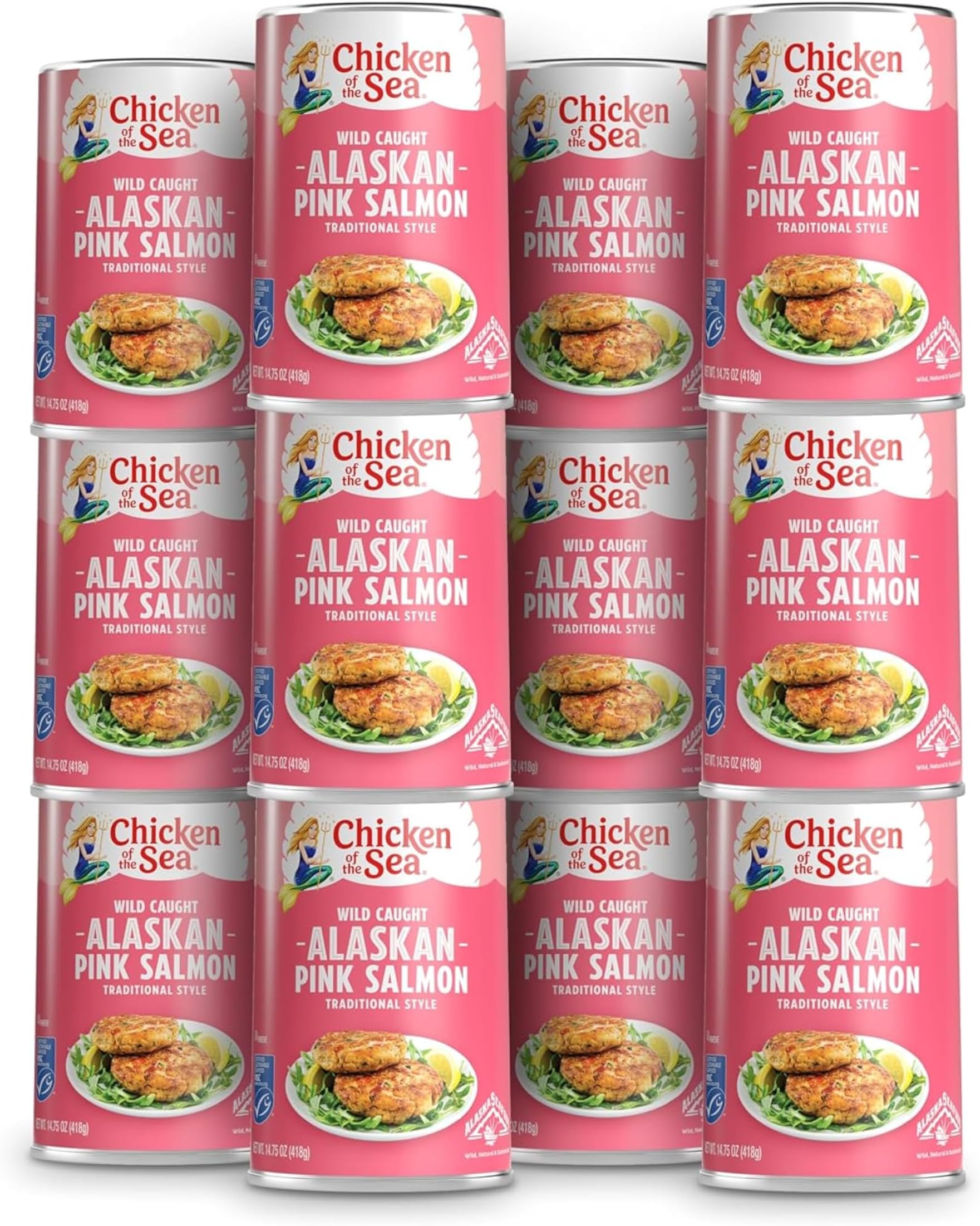 Chicken of the Sea Traditional Style Alaskan Pink Canned Salmon, 14.75 Ounce Cans, 12-Count – High Protein Lean Wild Caught Salmon – Delicious, Nutritious Wild Salmon for Burgers, Pasta, & More
