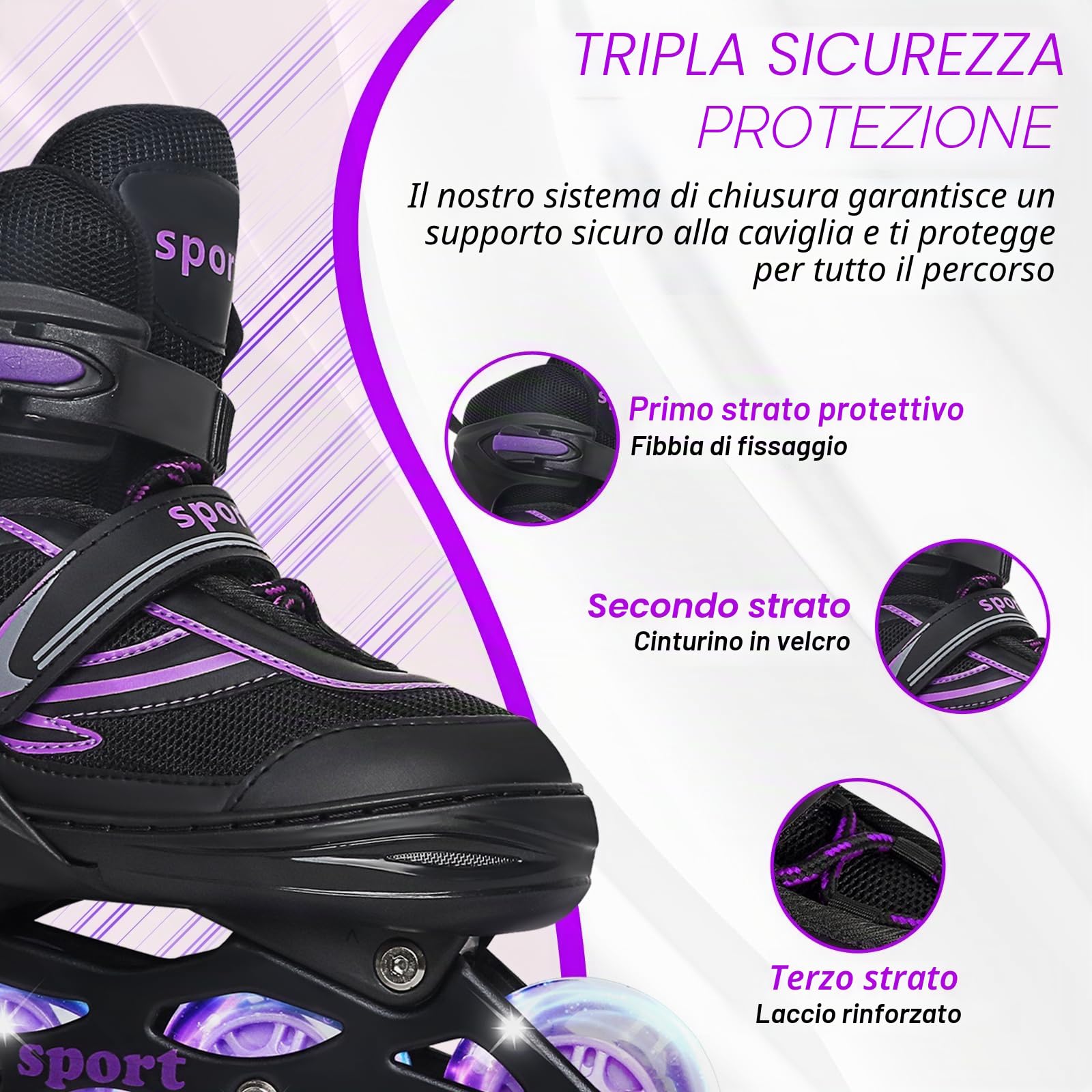 Pattini in linea regolabili per bambini ragazze ragazzi principianti, Pattini a rotelle per bambino e adolescente per lo sport viola e blu