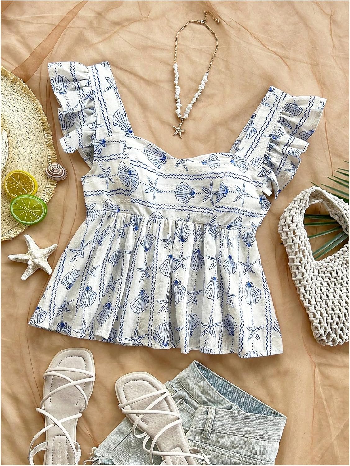 MakeMeChic Women's Lemon Print Ruffle Sleeve Blouse Peplum Summer Shirt Tops - Image 5