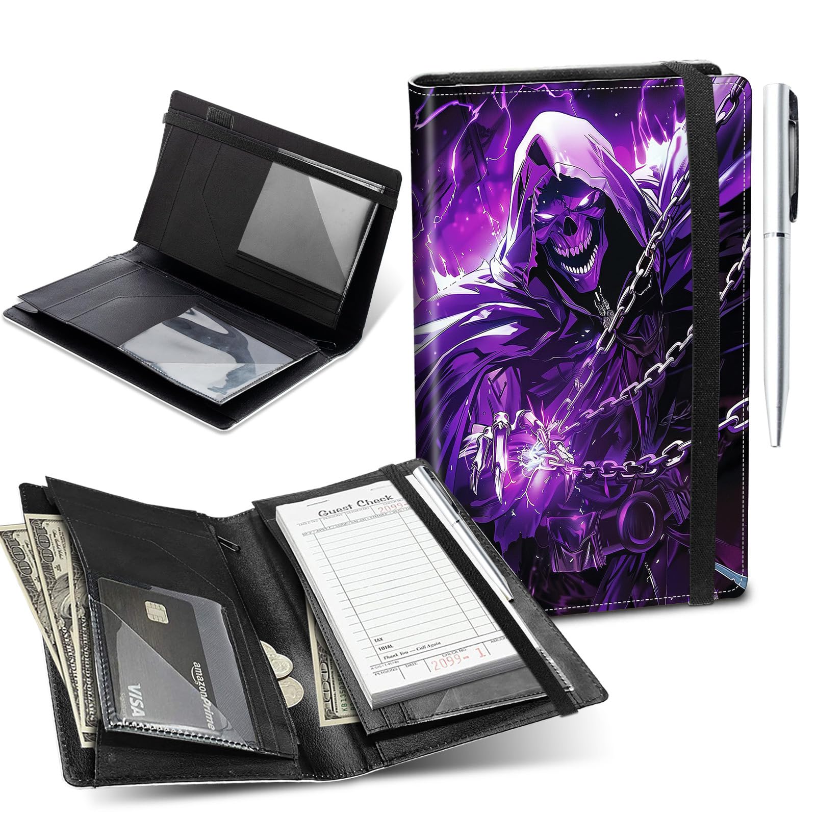 Server Book for Waitress,5.5x9 Inch - Waiter Book with Zipper Pocket,Pen Holder & Cash Compartments,Waterproof PU Leather Guest Check Organizer for Tips,Cards, Receipts,Skull Cool Purple
