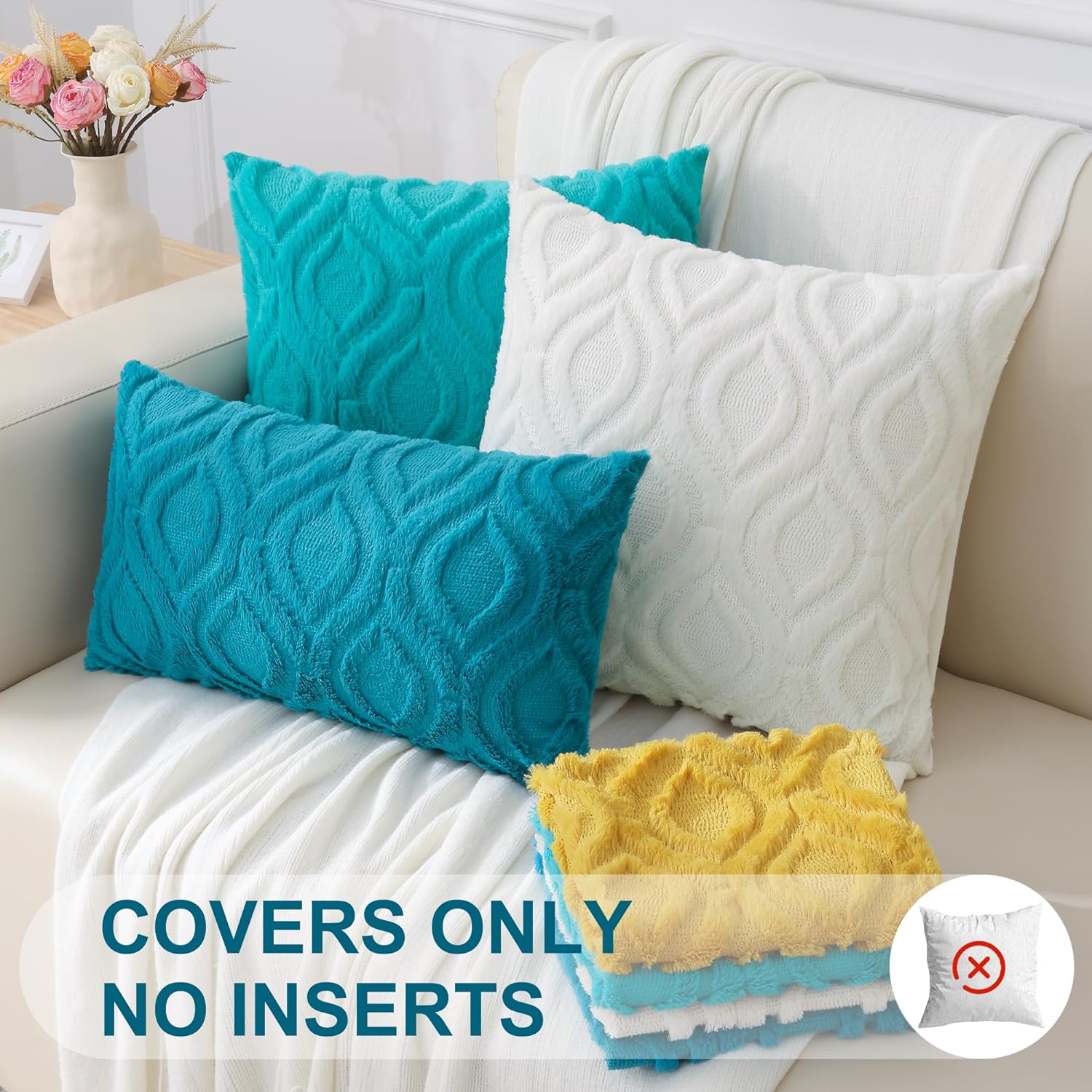 decorUhome Summer Throw Pillow Covers 18x18 Inch Set of 2, Soft Plush Faux Wool Teal Solid Couch Pillow Covers, Accent Farmhouse Neutral Square Pillow Cases for Sofa Bed Living Room