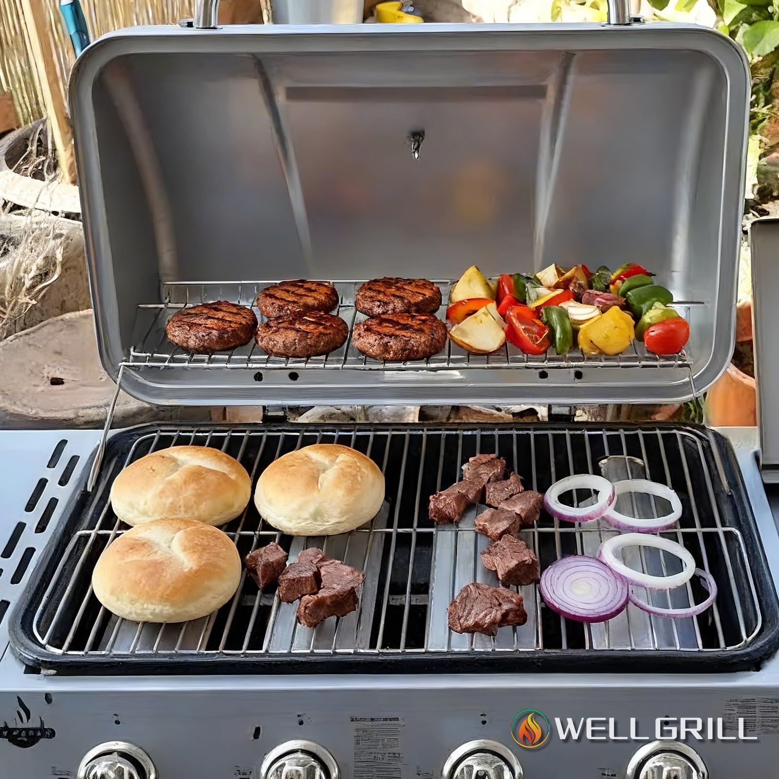 WELL GRILL Ruszt do grillowania ze stali nierdzewnej i ruszt do podgrzewania, części zamienne do palników EL Fuego Dayton 4 + 1, rusztów do grilla gazowego EL Fuego Dayton 4
