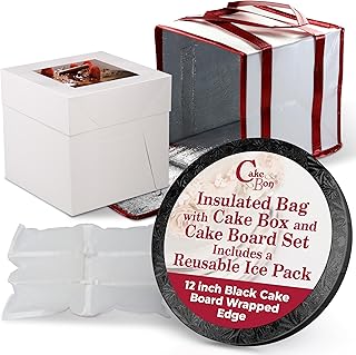 Cakebon Cake Box and Boards, 12-Inch Round Black Wrapped Edges 1/2- Inch...