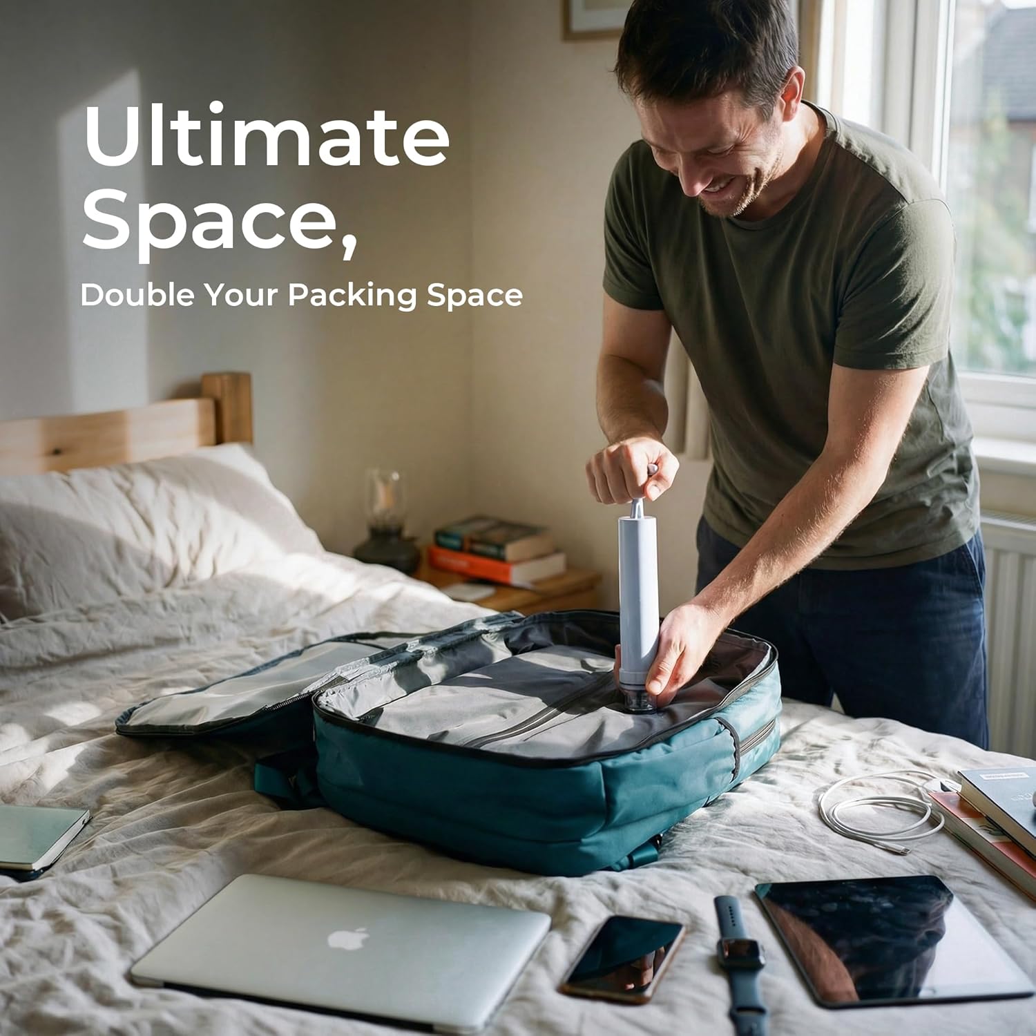 Vacuum Compression Backpack, Carry-On Size Travel Backpack with Vacuum System and Pump, Expands to 45L Packing Capacity, Fits 17” Laptop & 5–7 Days of Clothes, Water-Resistant Compression Backpack - Image 5