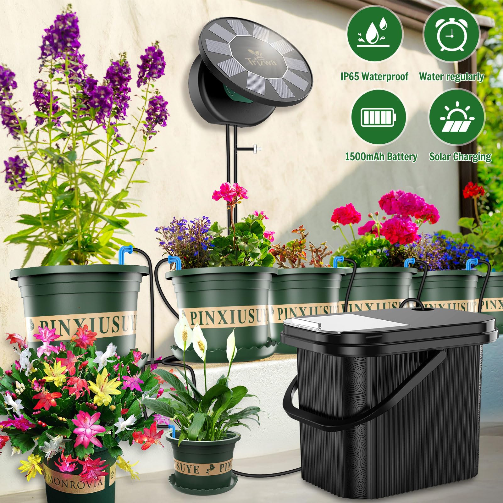 Système d'Arrosage Solaire Automatique, Batterie Haute Performance, Programmateur avec Réservoir d'Eau et Pot Séparé pour Balcon et Plantes | Programmateur pour Réservoir d'Eau et Pot Séparé, Balcon, Pot de Fleur, Plantes, Terrasse, Serre, Jardin, Idéal V