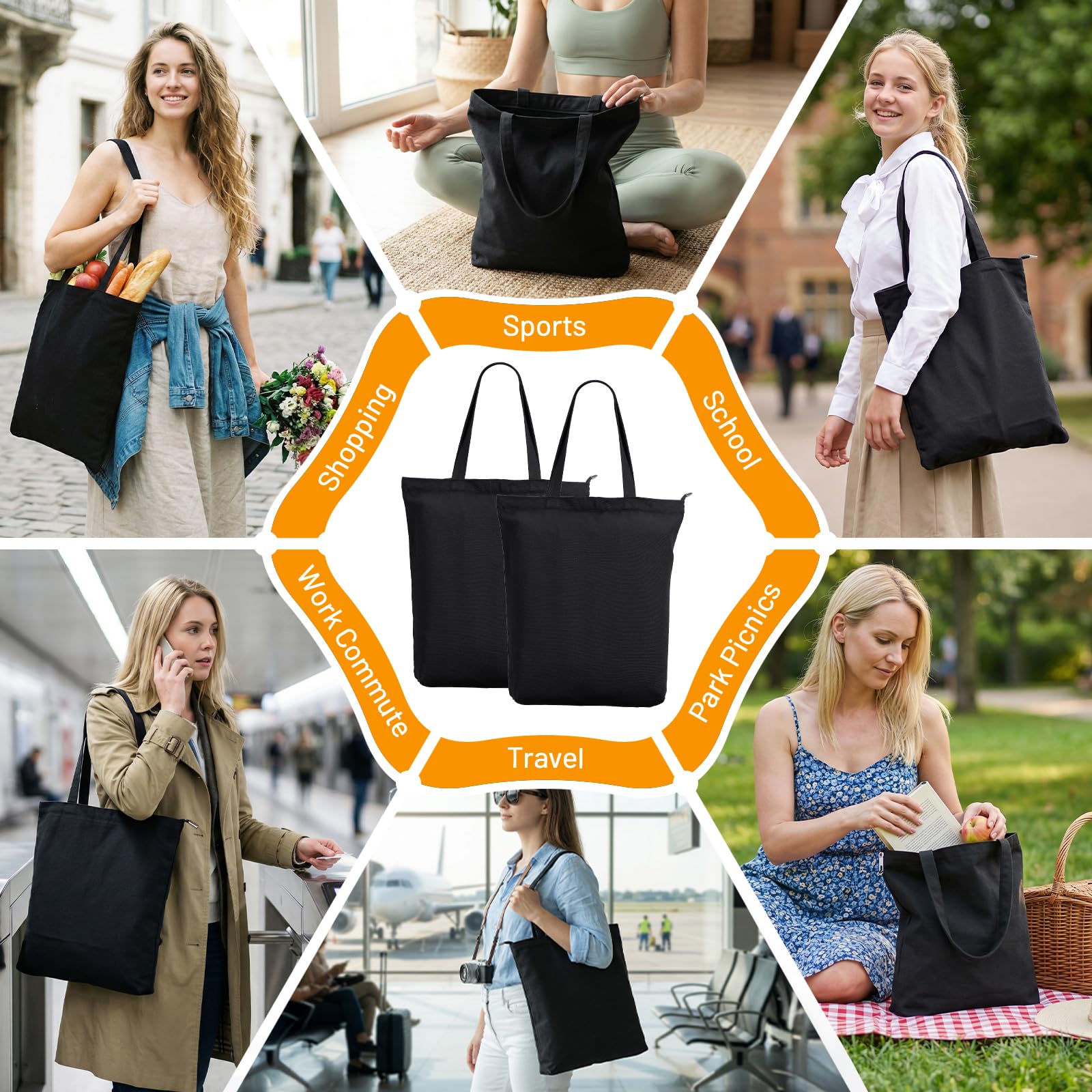 Borsa di Tela con Cerniera - Canvas Tote Bags Beige - Shopper Cata con Zipper per Casual Viaggio
