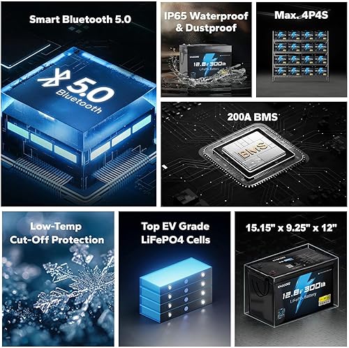 Miniatura 5 de Batería de litio LiFePO4 de 12 V 300 Ah con Bluetooth, batería de litio de ciclo profundo, 15000 ciclos integrados en BMS de 200 A para energía