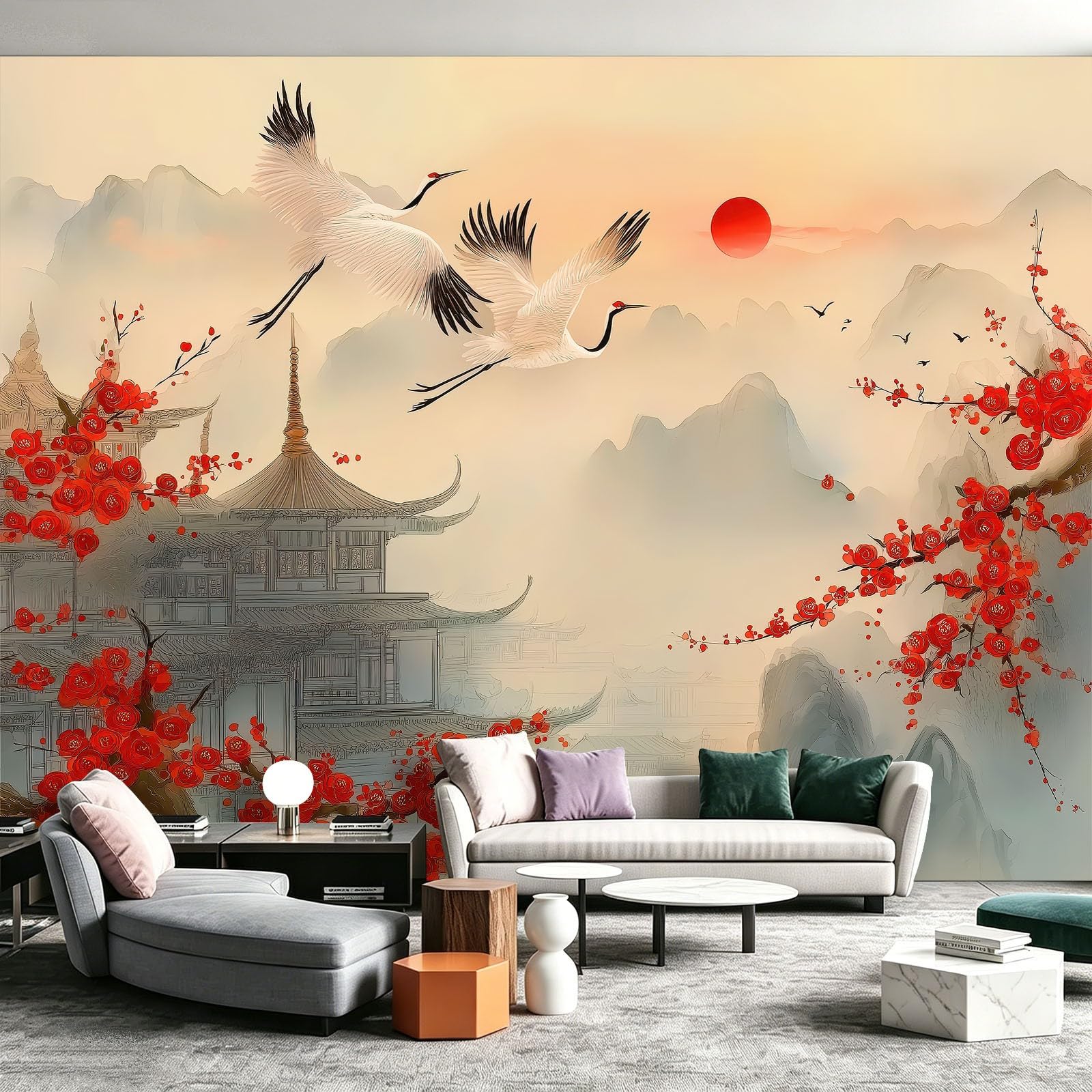 Papier peint intissé architecture chinoise rétro 250x175 cm grue