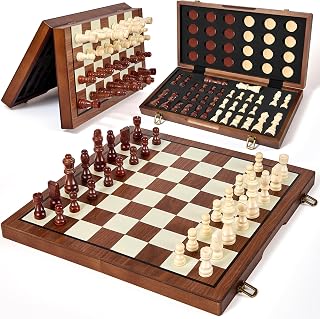 MerryPony Magnetic Wooden Chess Set and Checkers Board Game for Adults Kids | 15" 2 in 1 Portable Travel Board Game set with 2 Extra Queens, Strong Magnetic Chess Pieces with Pieces Storage Slots
