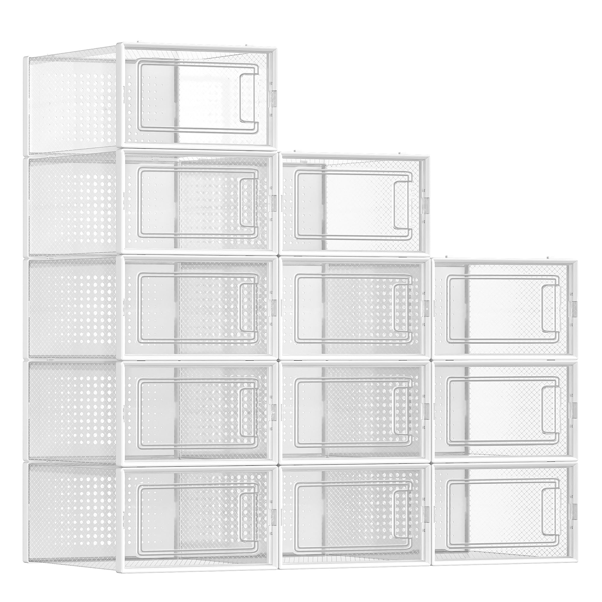 SONGMICS Shoe Boxes, Pack of 12 Stackable Shoe Storage Organizers, Foldable and Versatile for Sneakers, Fit up to US Size 8.5, Transparent and White ULSP12SWT