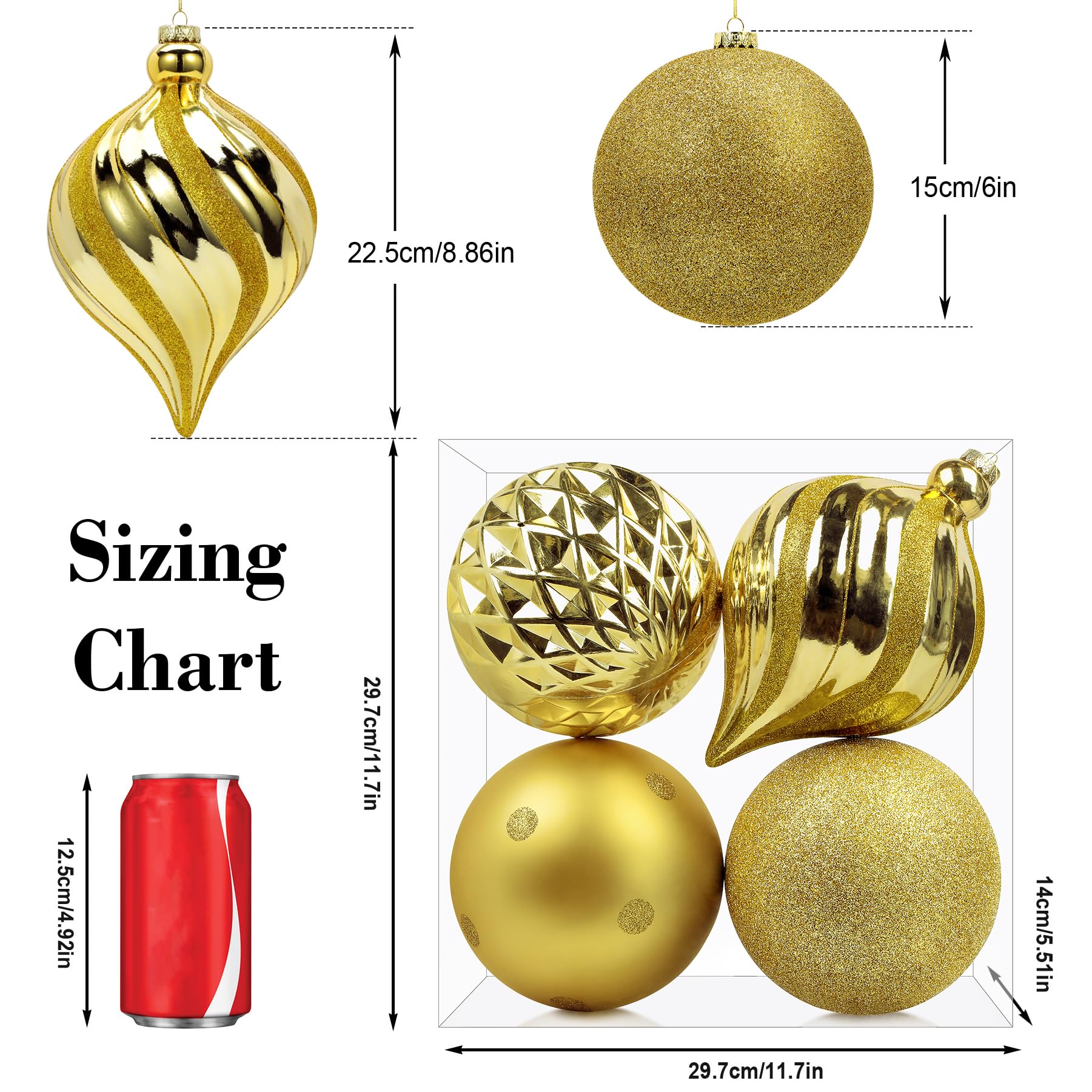 SHareconn Lot de 4 grandes boules de Noël à suspendre, 150 mm, boules décoratives en plastique incassable pour sapin de Noël, fête, mariage, doré