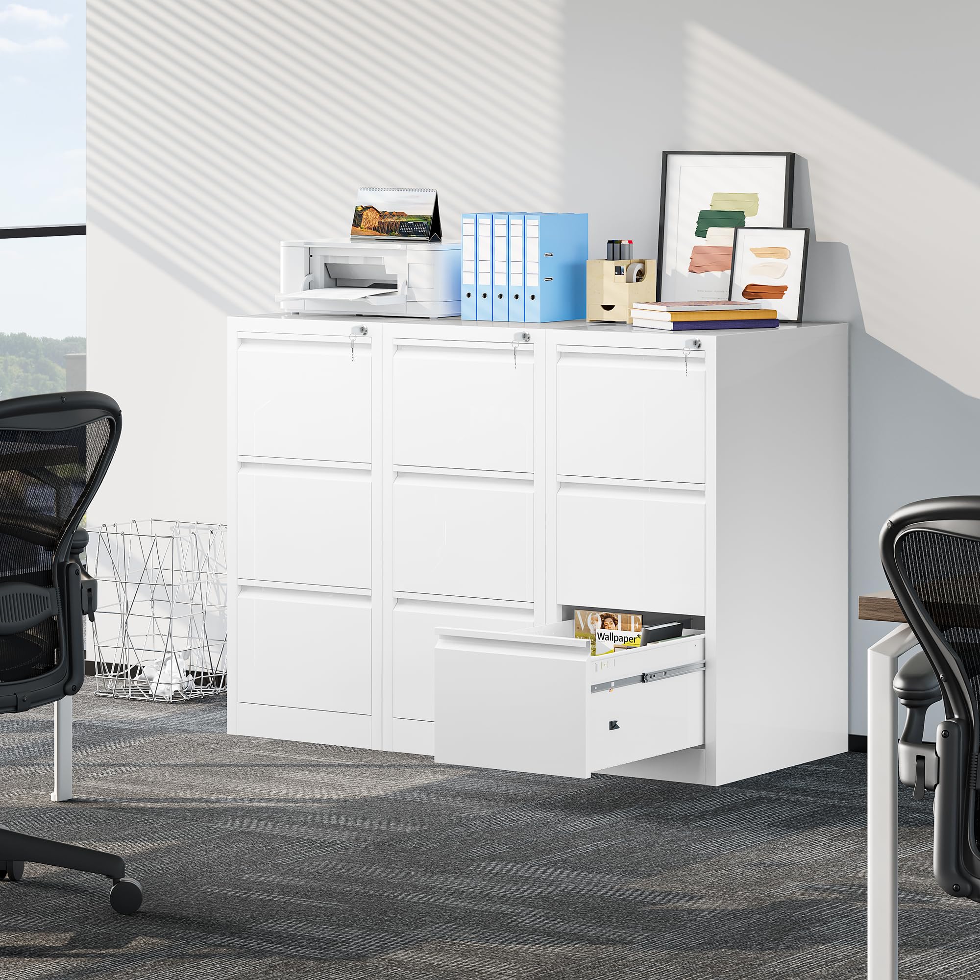 YITAHOME Aktenschrank mit 3 Abschließbaren Schubladen, Kippsicherer Rollender Aktenschrank mit Rädern für das Büro zu Hause, Unter-Pult-Aktenschränke, weiß, 62 x 45.8 x 102.5cm