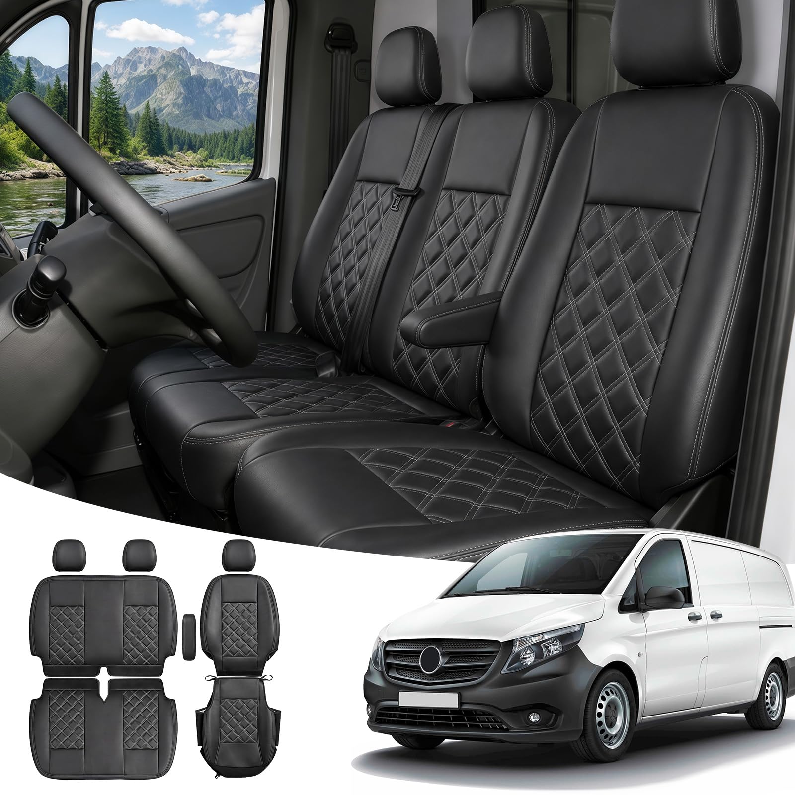 Fundas para Asientos de Coche Compatible con Mercedes Vito W447 2014-2026 Piel Sintética Funda Asiento Coche Delantero