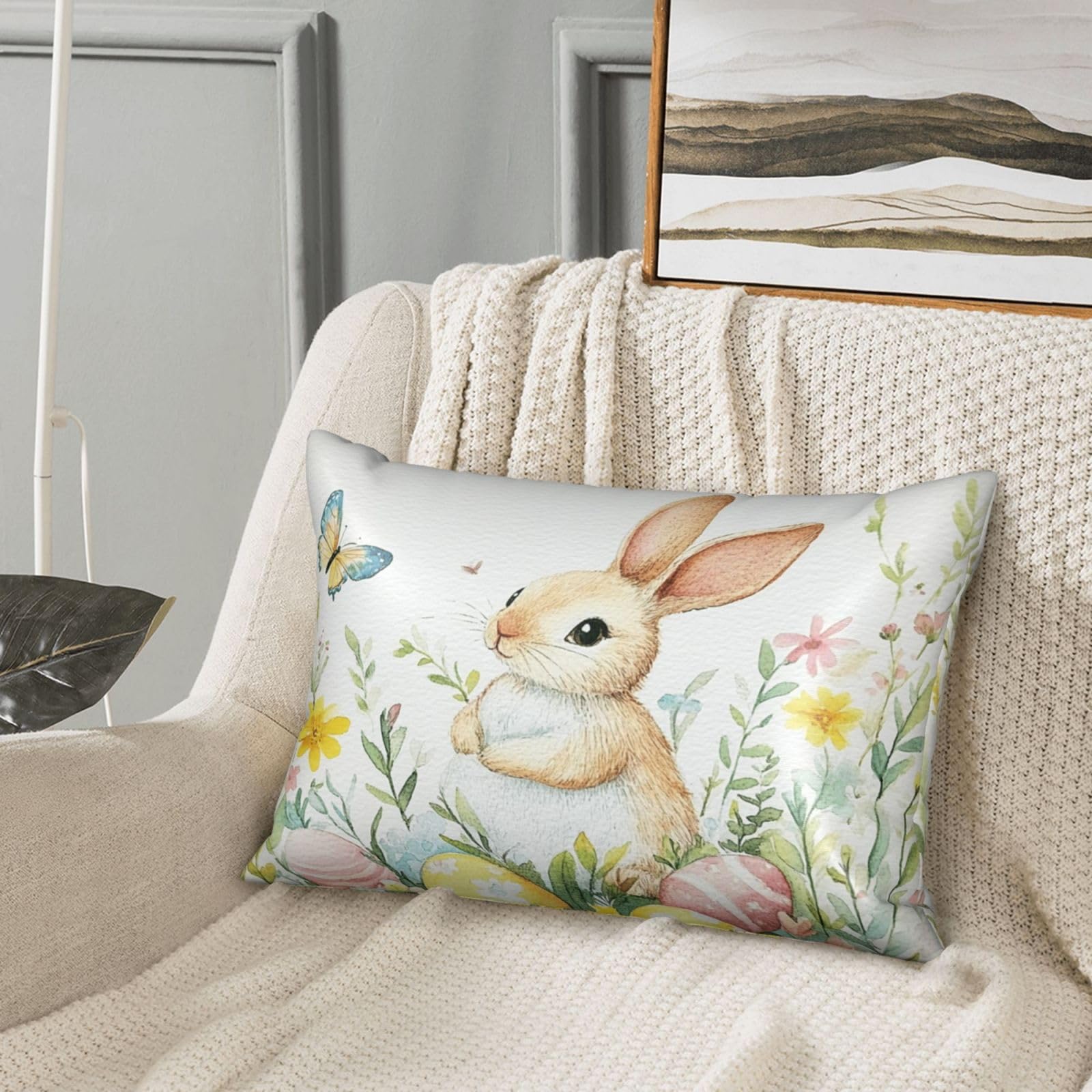 Easter Rabbits Bunny Satin Pillowcase Spring Butterfly Eggs Silk Pillow Cases for Hair and Skin Slipping Body Pillow Cover with Zipper Queen Size 20x30 Pillowcase Decorative for Kids Bedroom