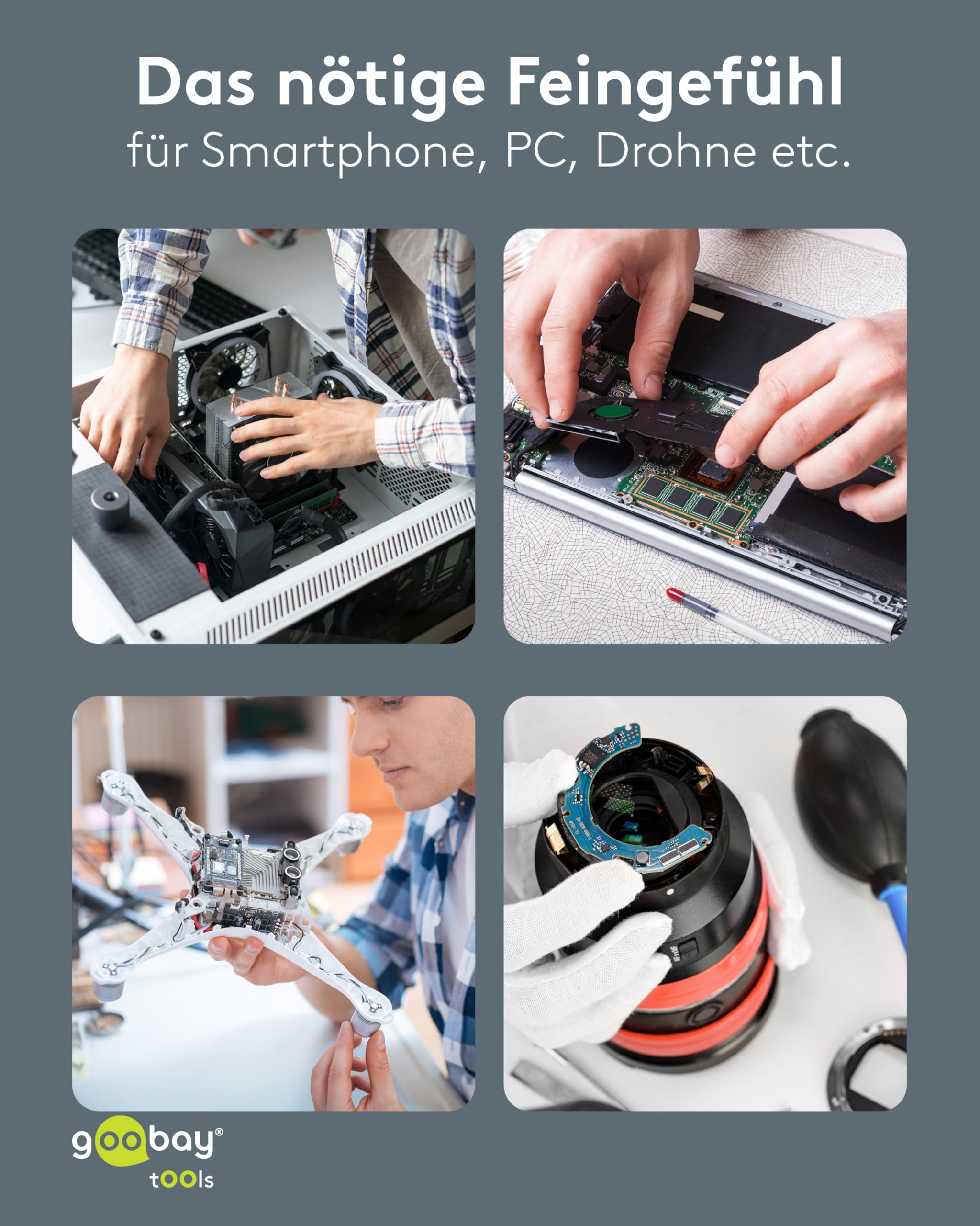 goobay Elektrischer Akkuschraubendreher 58in1 mit 50 Präzisions-Bits, magnetischem Aluminium-Case, 3 Drehmomentstufen, LED-Licht, USB-C-Ladung, Werkzeug-Set für Elektronik, Smartphone & PC