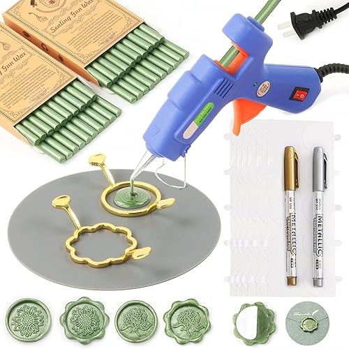 Miniatura 9 de WASOHLING - Juego de 40 varillas de cera de sellado con pistola de pegamento, moldes de sellado de cera, alfombrilla de cera de silicona, bolígrafos