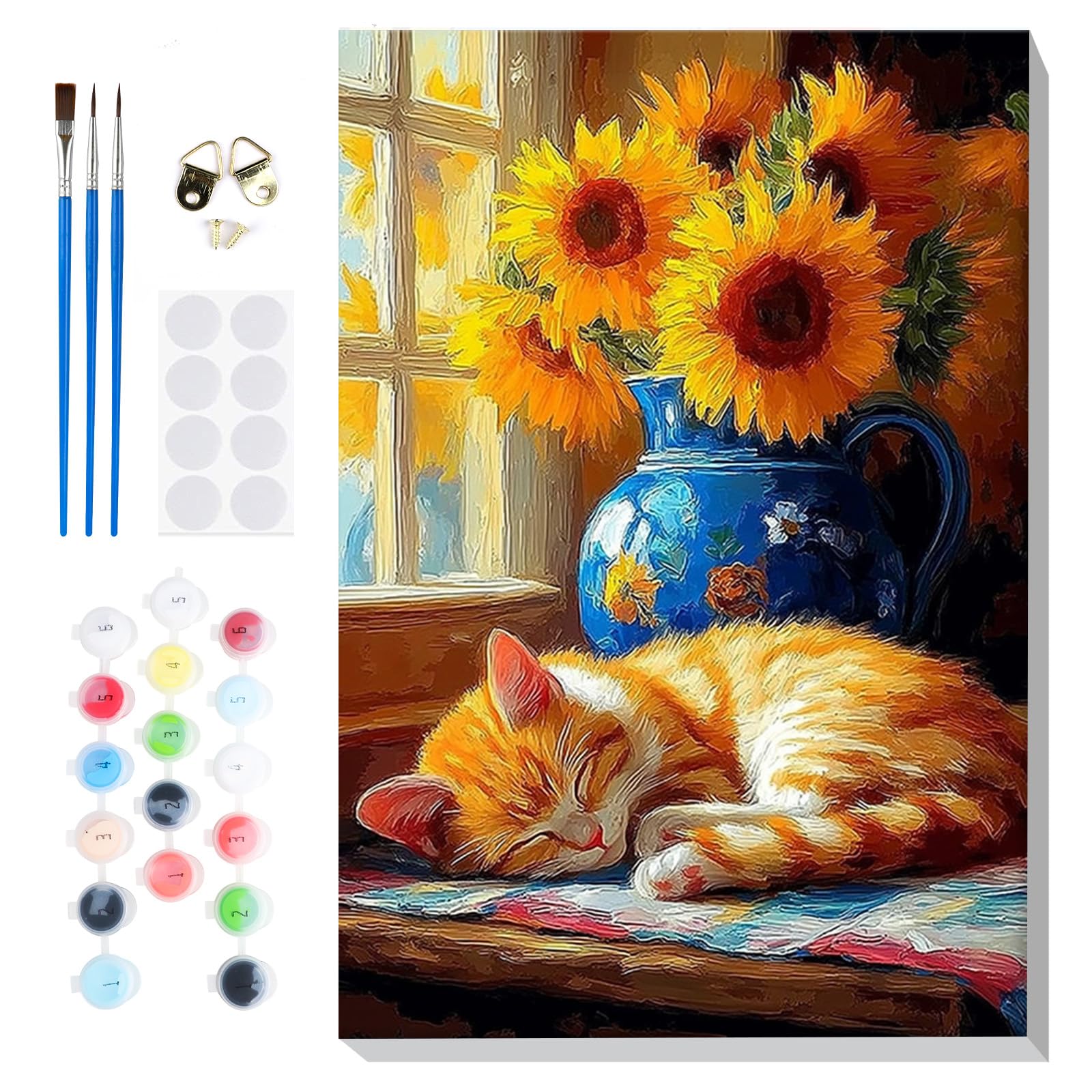 Lxmsja Paint by Numbers Cat for Adults Beginners with Frame, Painting by Numbers Sunflower on Canvas, DIY Acrylic Oil Painting Kit Art and Crafts Gifts for Home Wall Decor, 8x12inch