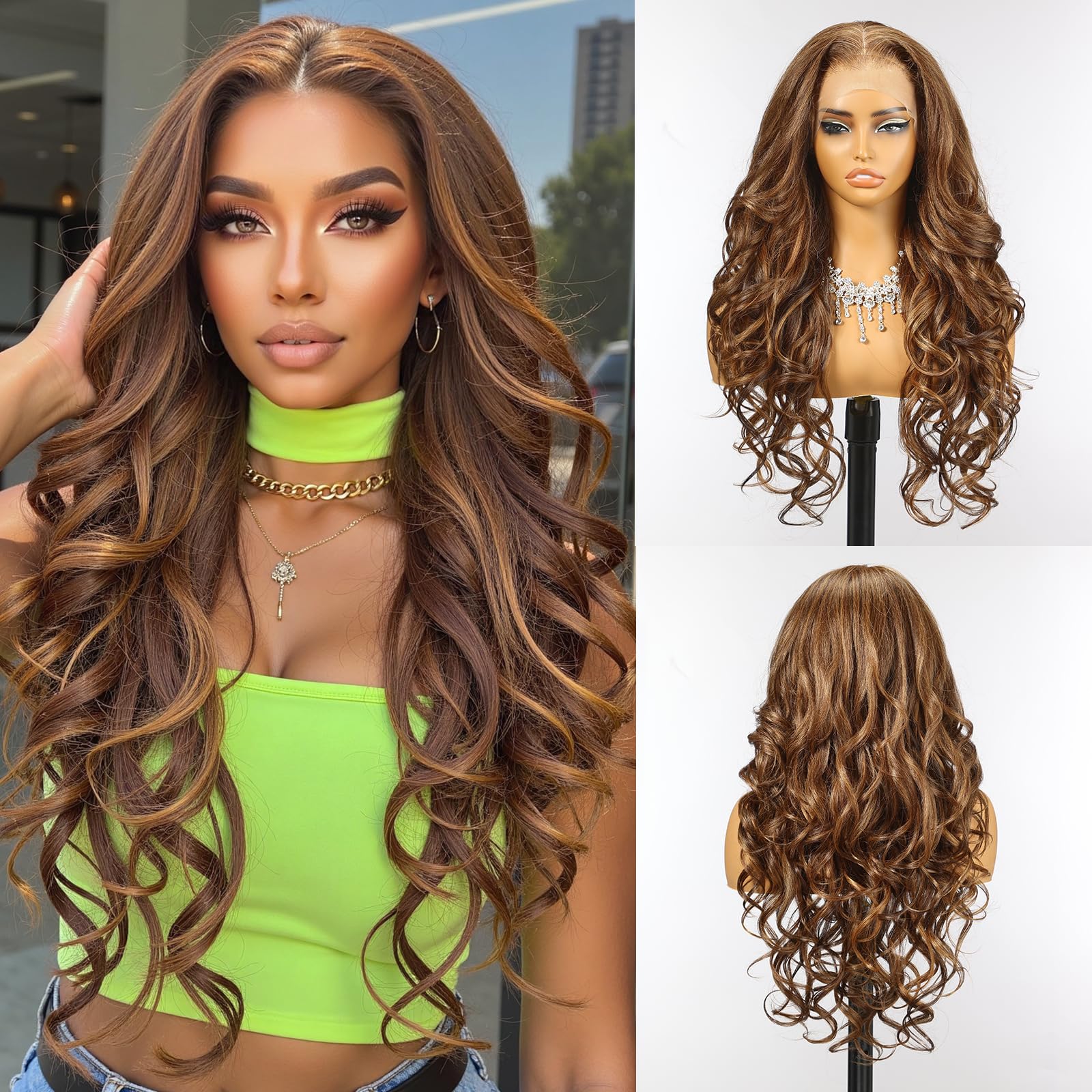 Allbell 13x6 Glueless HD Lace Wigs,Synthetic Lace Front Wig for Black Women,24Inch Balayage Brown Body Wave Hair Replacement