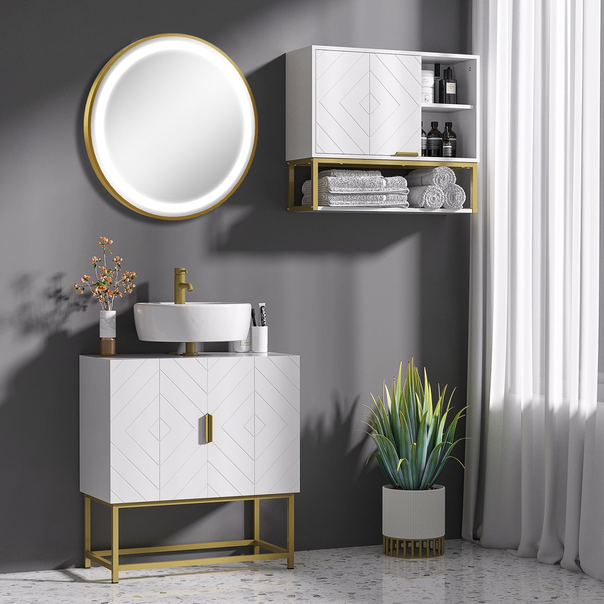kleankin Conjunto de Baño Juego de Mueble para Debajo del Lavabo con Patas de Acero y Espejo de Baño con Luz LED Interruptor Táctil 60x30x65 cm Ø60x4 cm Blanco y Dorado