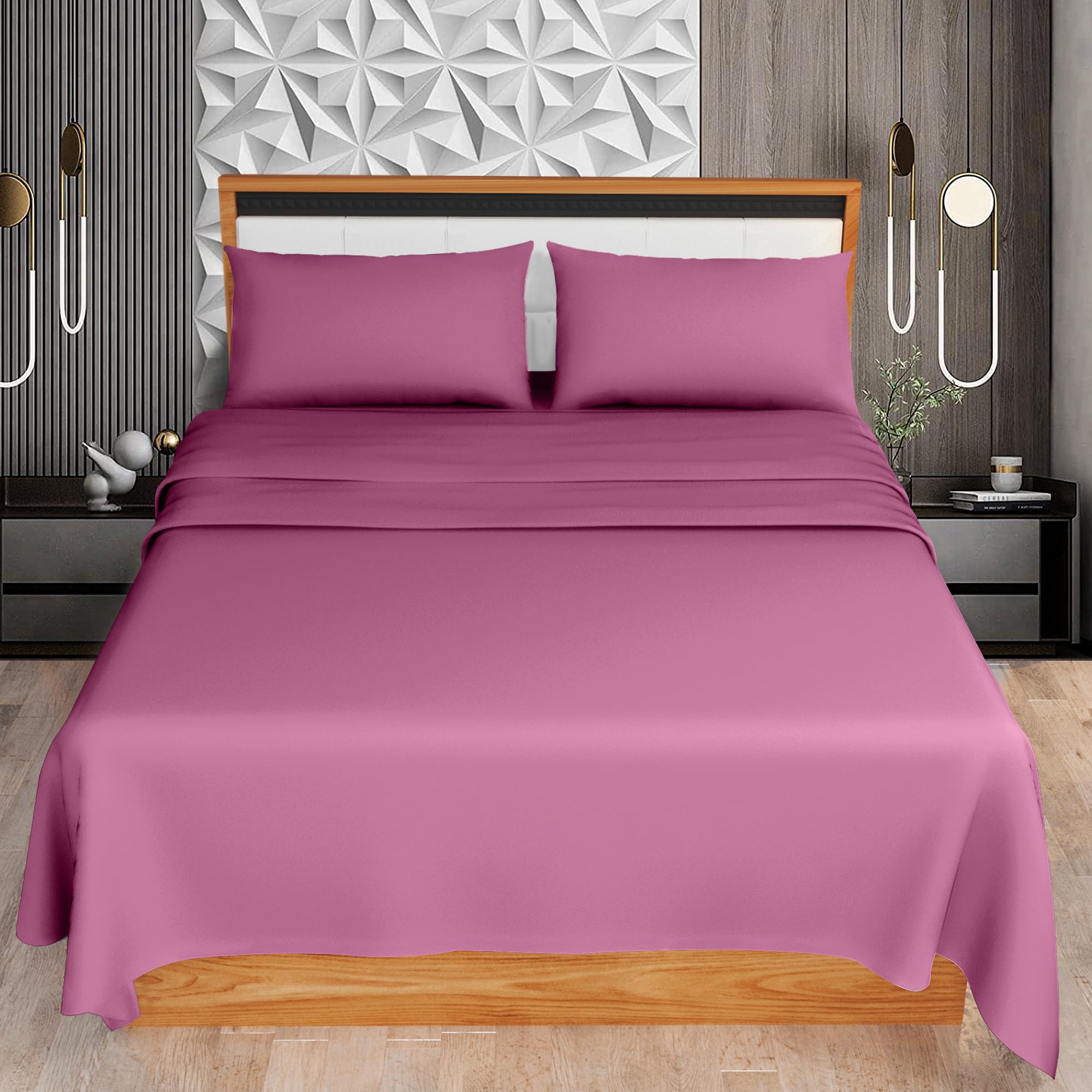 HOME ACE Fuchsia King Size Sheet Set (Fitted Sheet + Flat Sheet + Pillow Case) - Easy Iron Polycotton Kingsize Bed Sheet Set - 100% Poly Cotton Sheets Set King Size Bed