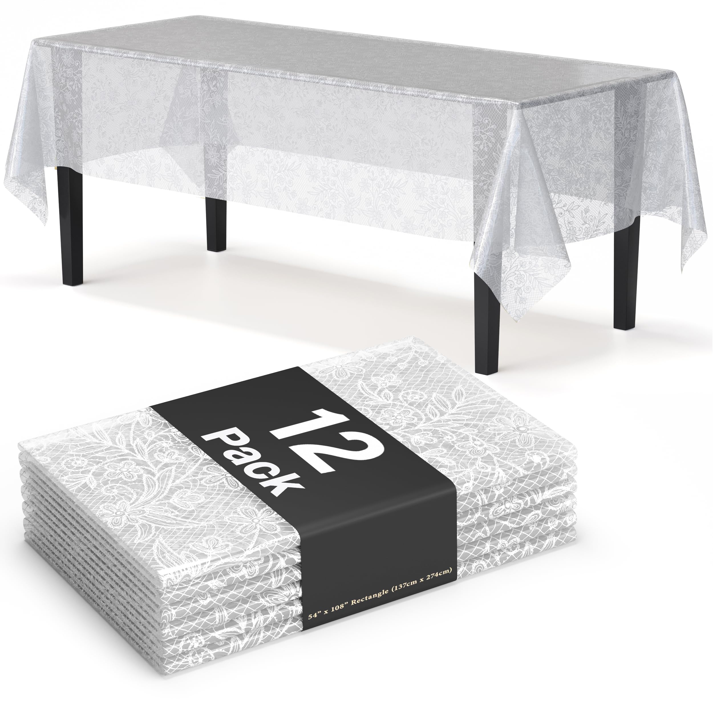 Exquisite Lace Table Cloth Rectangle Table Plastic 12-Pack Lace Tablecloth Rectangular 54" X 108" | Clear &amp; White Floral Tablecloth Disposable | Wild Flower Party Decorations &amp; Party Supplies