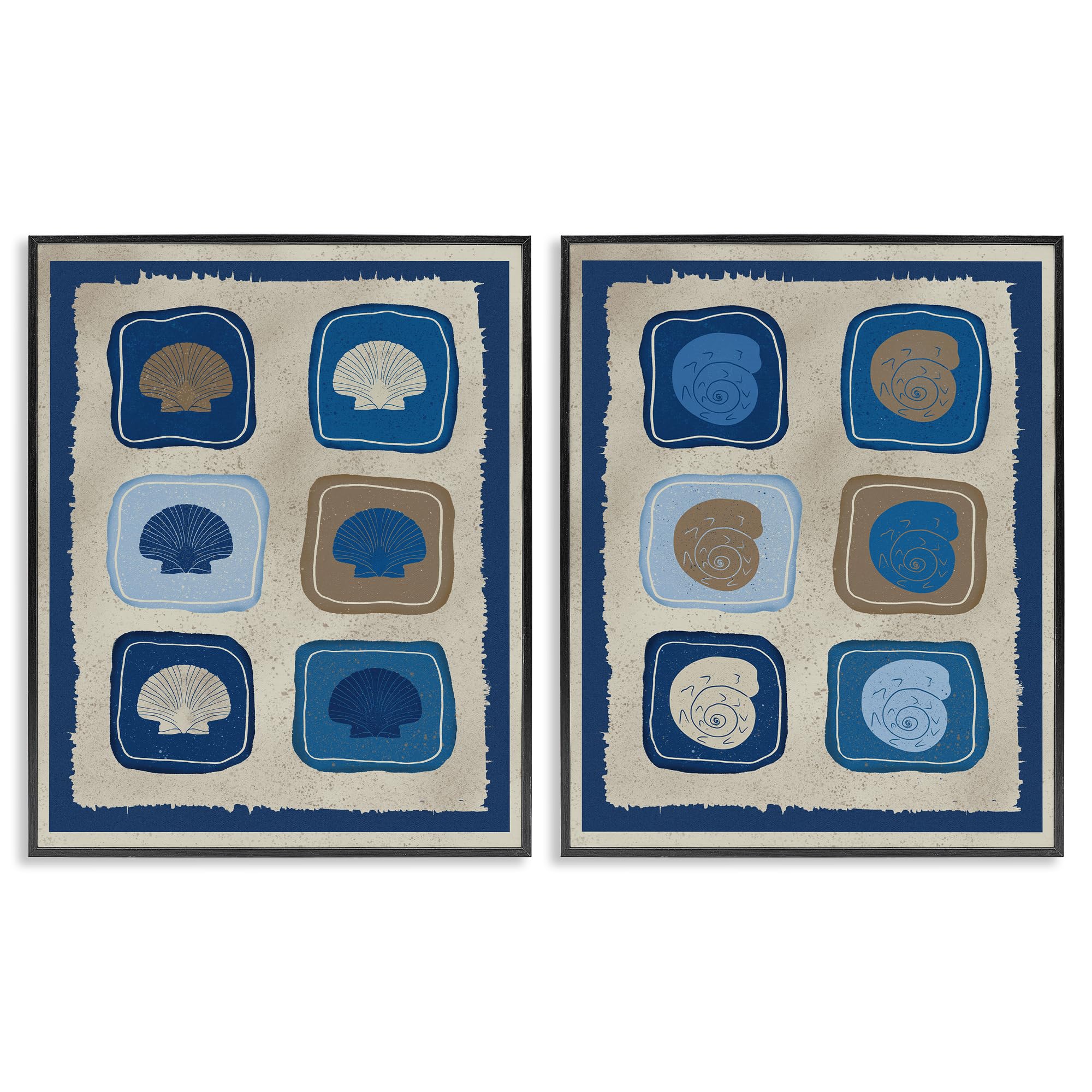 Stupell Industries Midnight Black (Textured) Blue Blocked Seashells Coastal, 16 X 20 Inch Framed Giclée Print Set